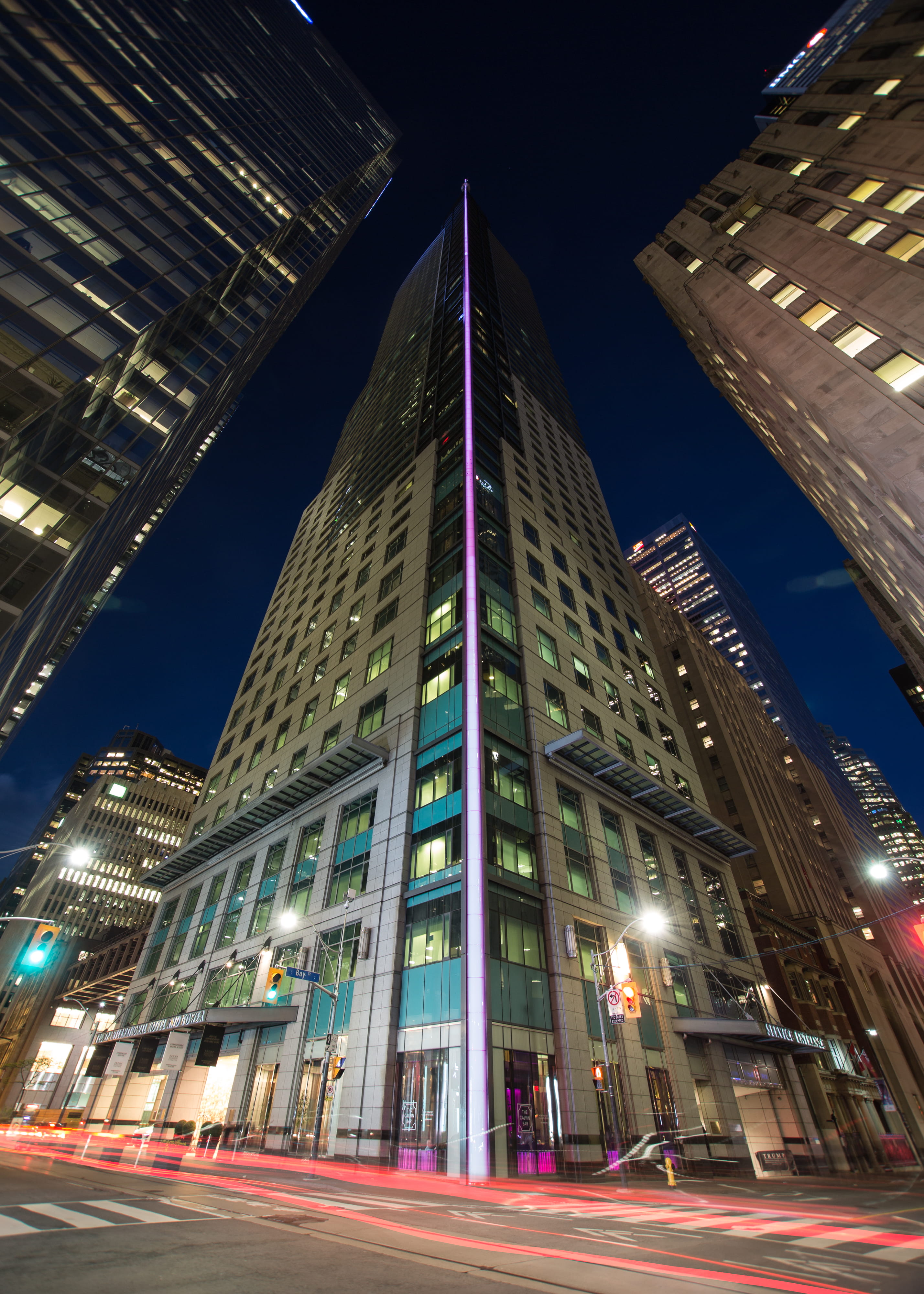 financial district, long exposure, toronto, officebuilding, beam, modern, 4K, outdoors, city, architecture, tower, nightlife, speed, low angle view, sky, Phone HD Wallpaper