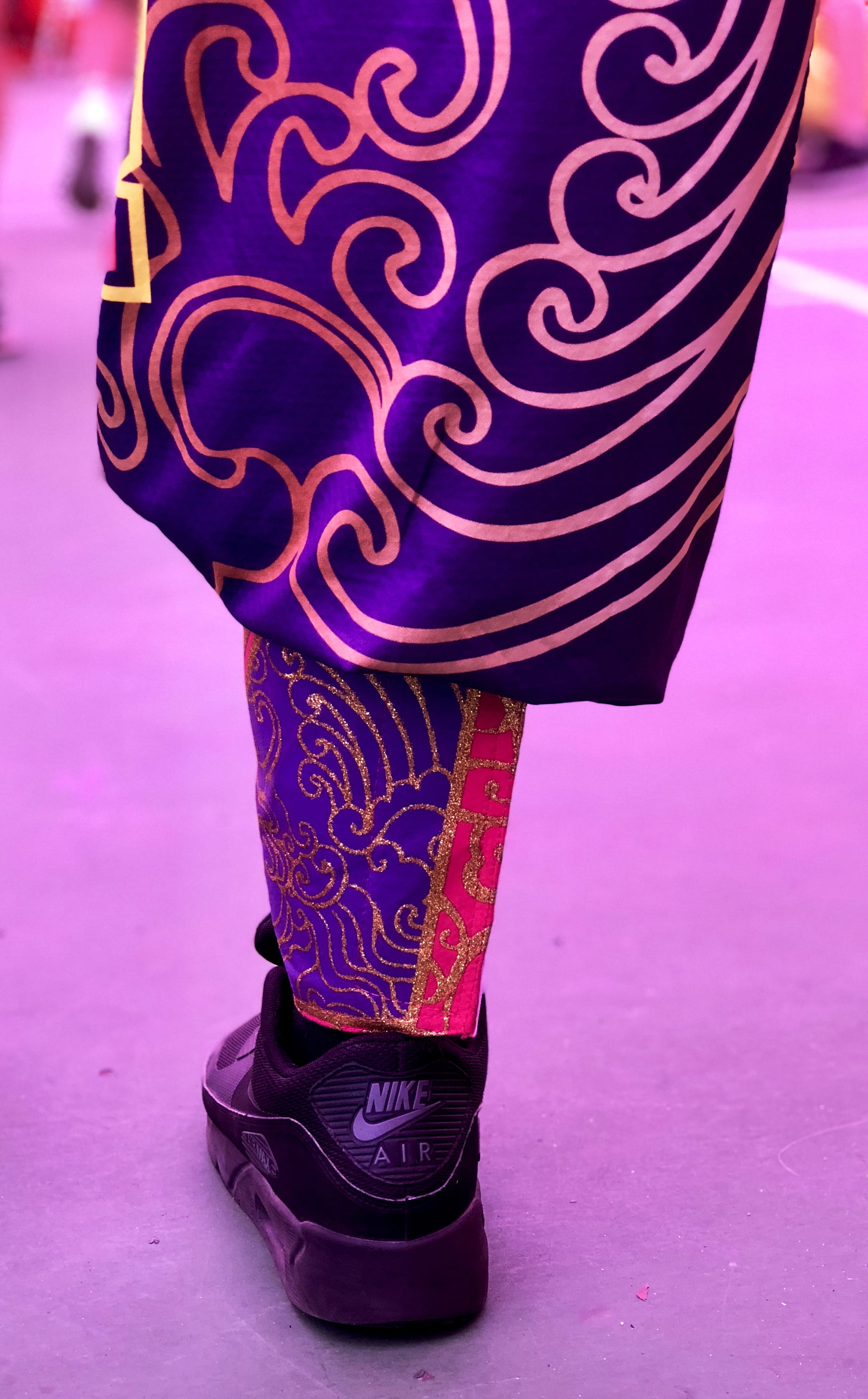 person, craft, gold, close-up, color, creativity, purple, hongkong, leg, pattern, wall - building feature, lion dance, festival, lion dancer, tradition, Phone HD Wallpaper