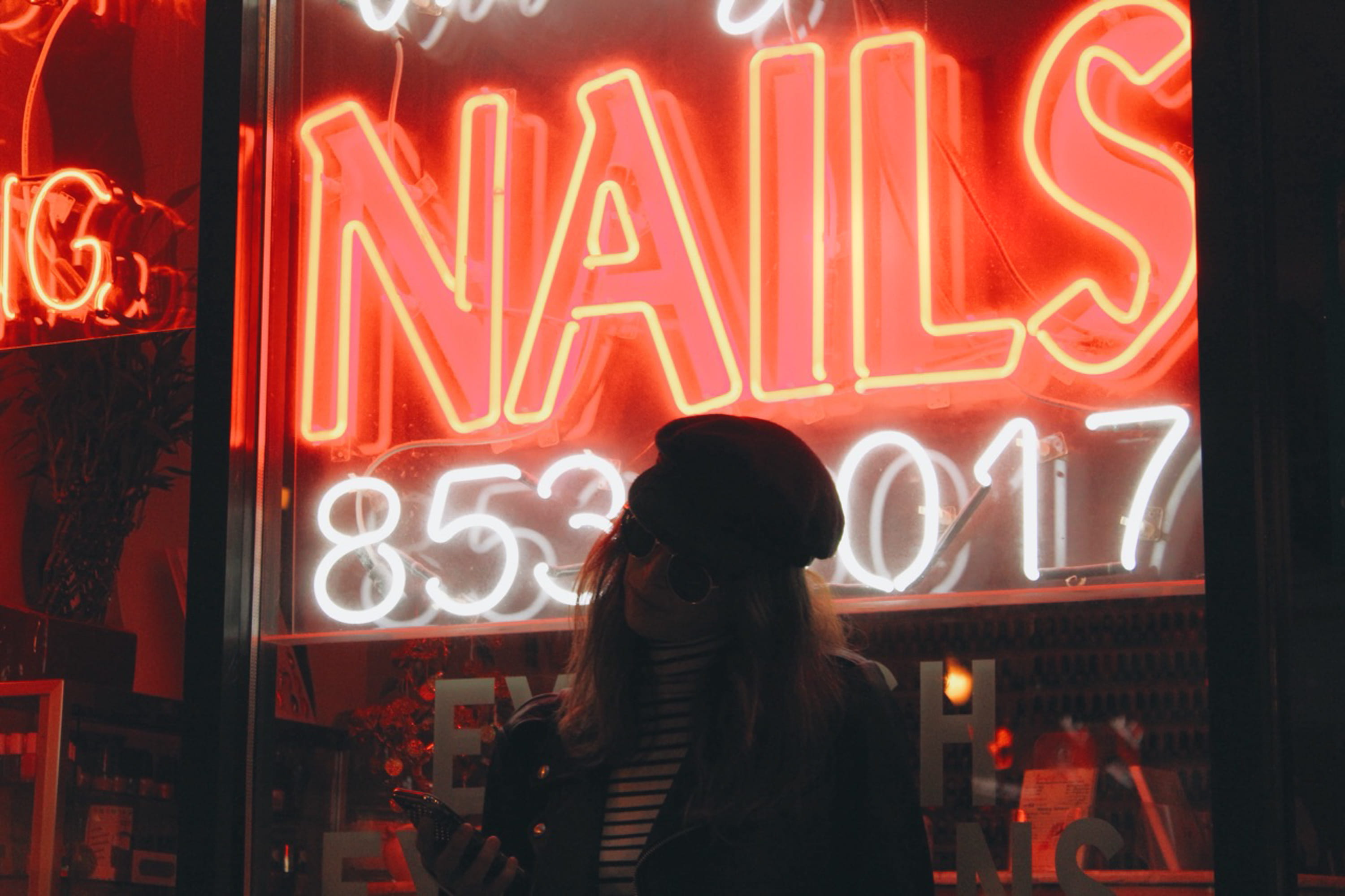 glass, one person, lighting equipment, wall, 2K, illuminated, urban, night, sign, consumerism, architecture, woman, western script, led, neon, communication, HD Wallpaper