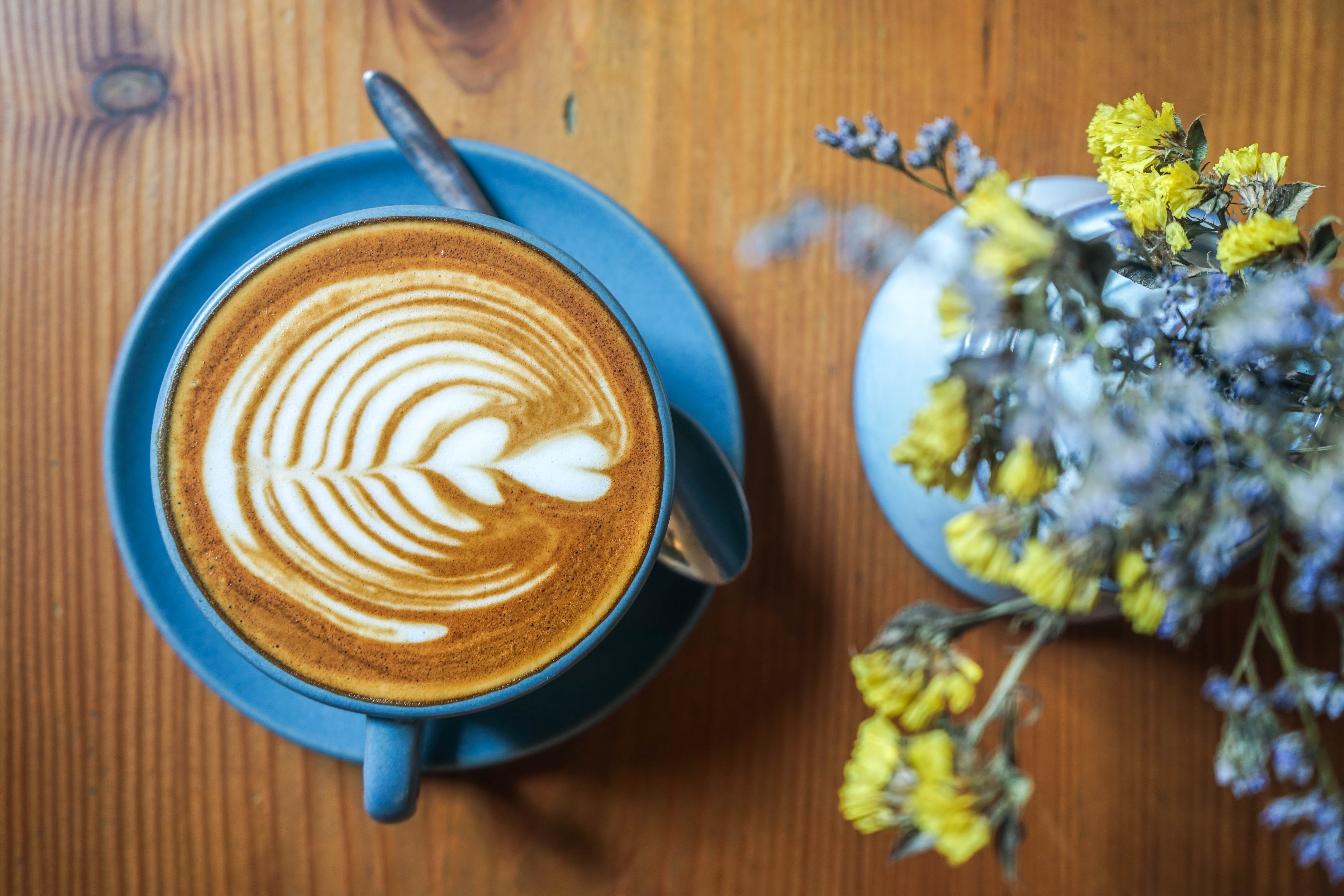 vase, flat, table, freshness, ceramic, frothy drink, lay, still life, near, hot drink, flower head, coffee place, coffee, plant, drink, restaurant, indoors, HD Wallpaper