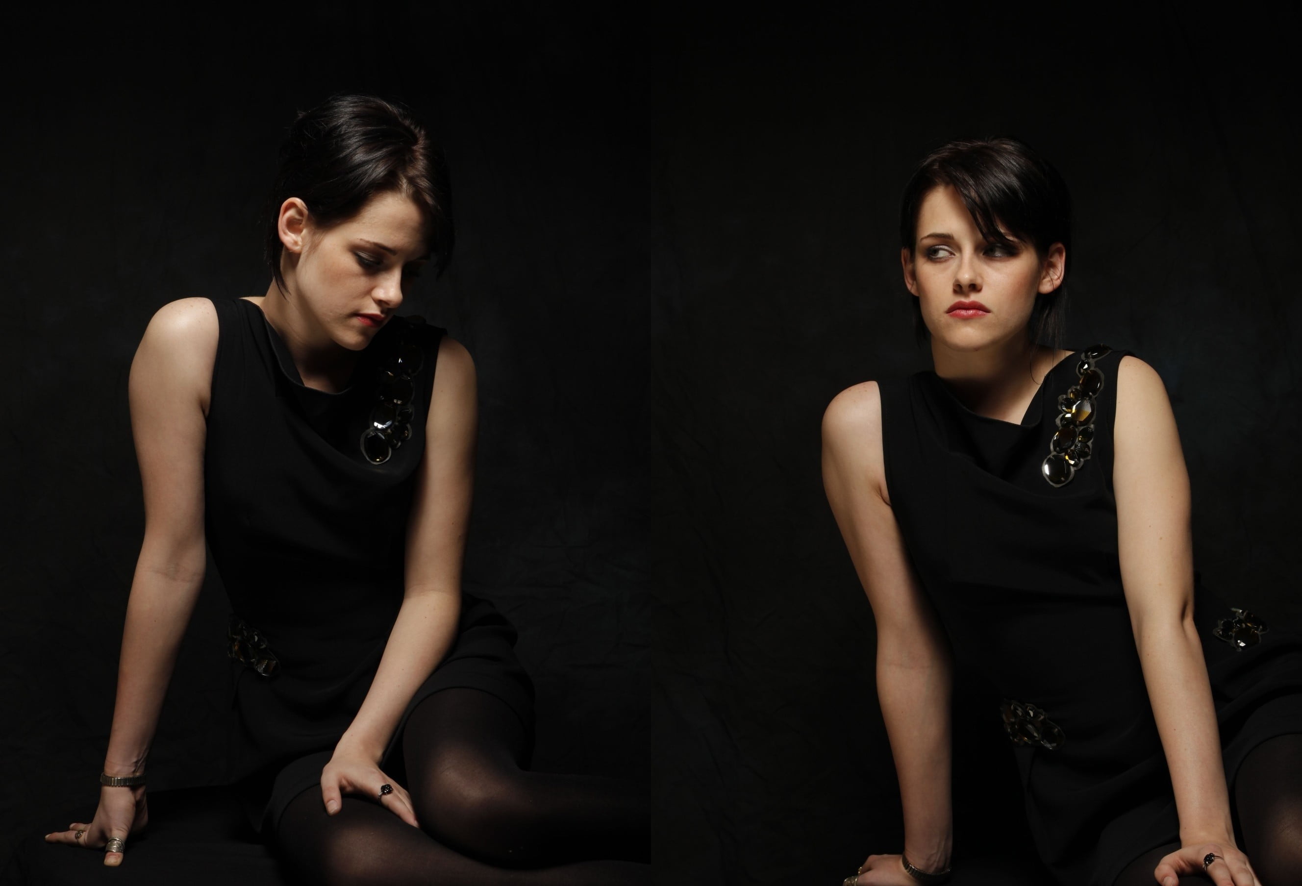 young women, sitting, fashion, studio shot, people, indoors, bare shoulders, contemplation, portrait, beautiful woman, black background, beautiful people, HD Wallpaper