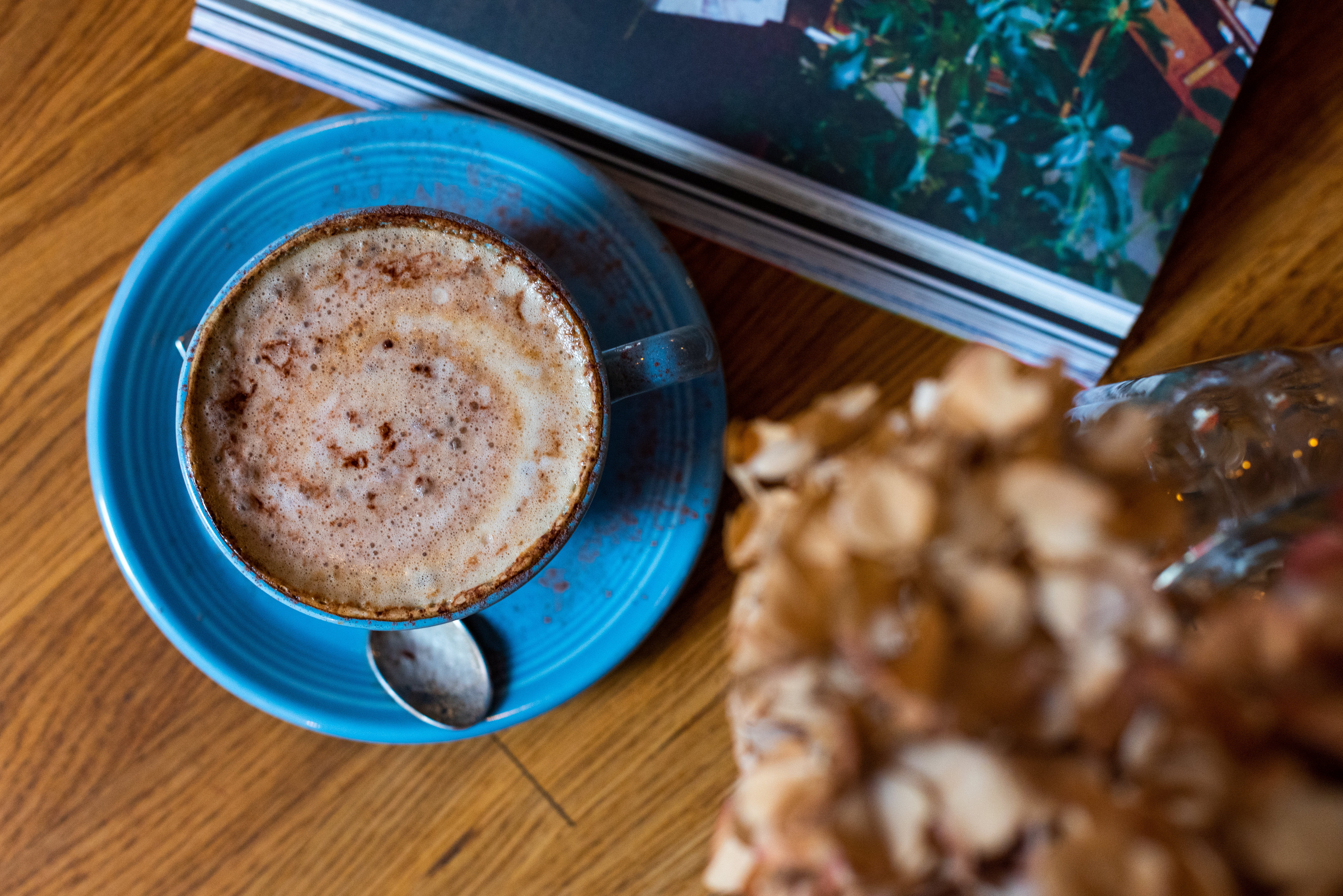 bread, drink, pastry, blue, filled, still life, cornbread, cafe, meal, kitchen utensil, nut, crockery, hot drink, freshness, cup, magazine, snack, refreshment, HD Wallpaper