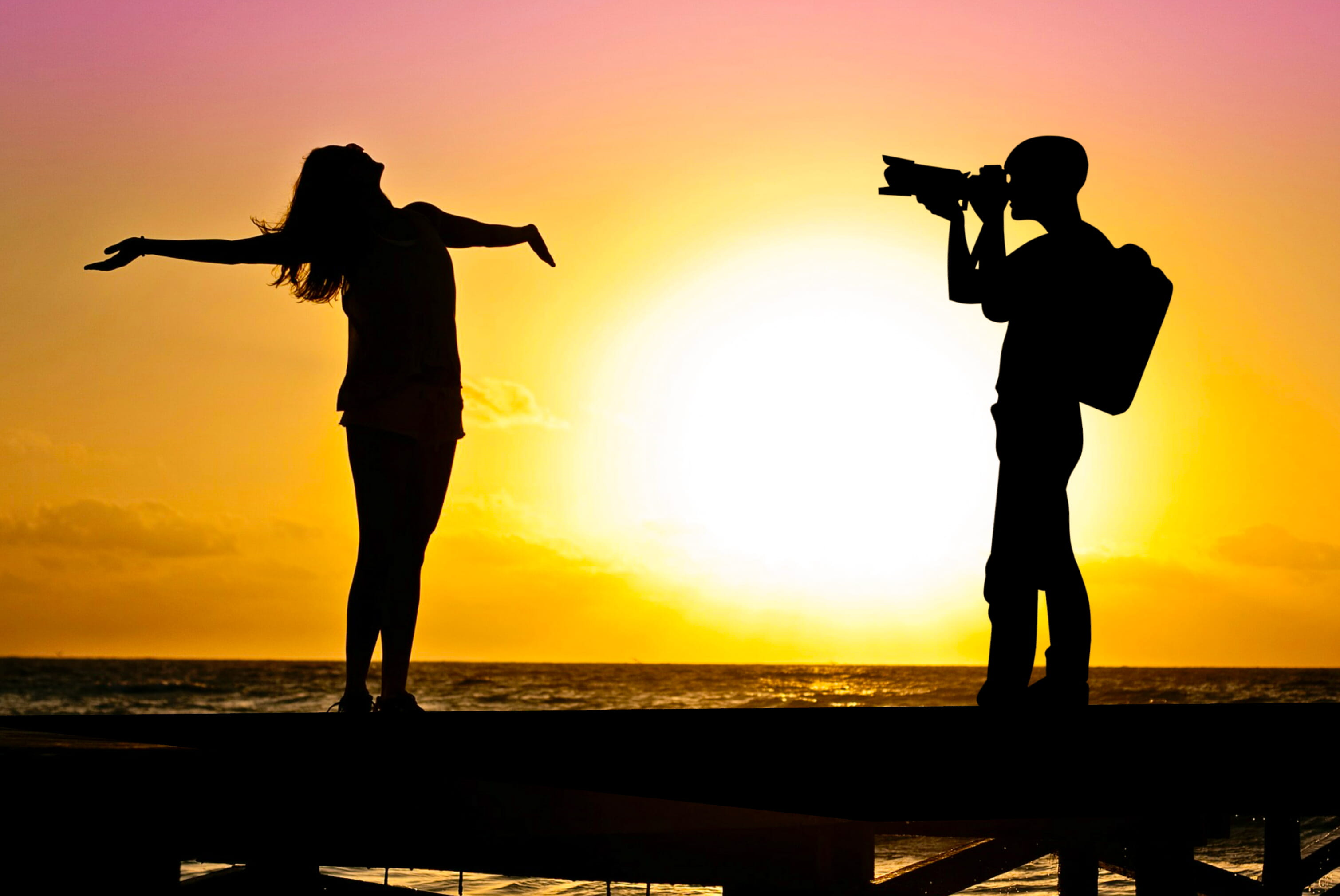 vacation, nature, sky, photographer, people, outdoors, togetherness, standing, illustration, coast, evening, girl, posing, silhouette, beautiful, 2K, orange, HD Wallpaper