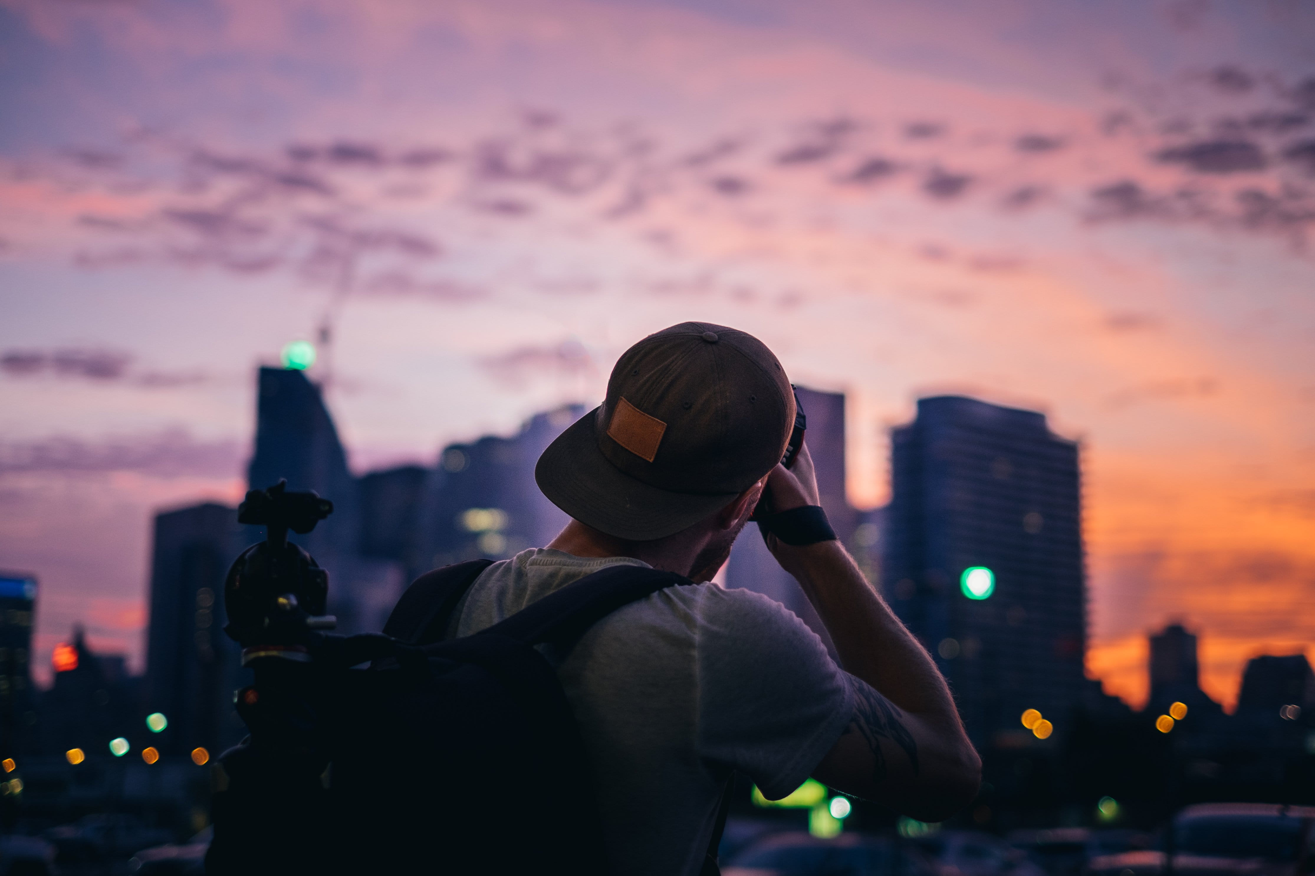 Camera, architecture, purple, city life, Photographer, building exterior, outdoors, sky, portrait, one person, illuminated, office building exterior, Sunset, HD Wallpaper