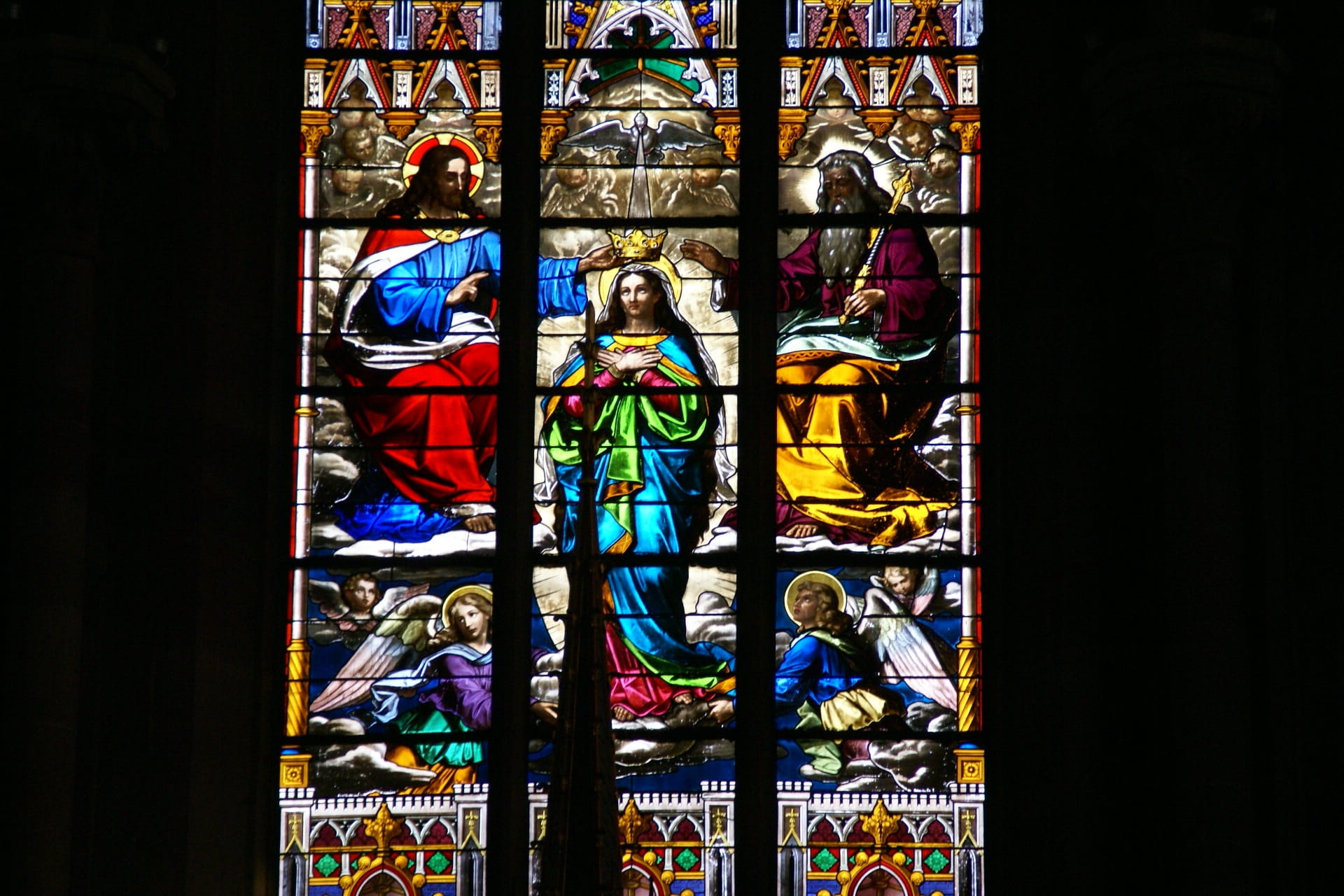 human representation, place of worship, female likeness, architecture, Pattern, glass, Window, no people, stained glass, representation, interior, Church, HD Wallpaper