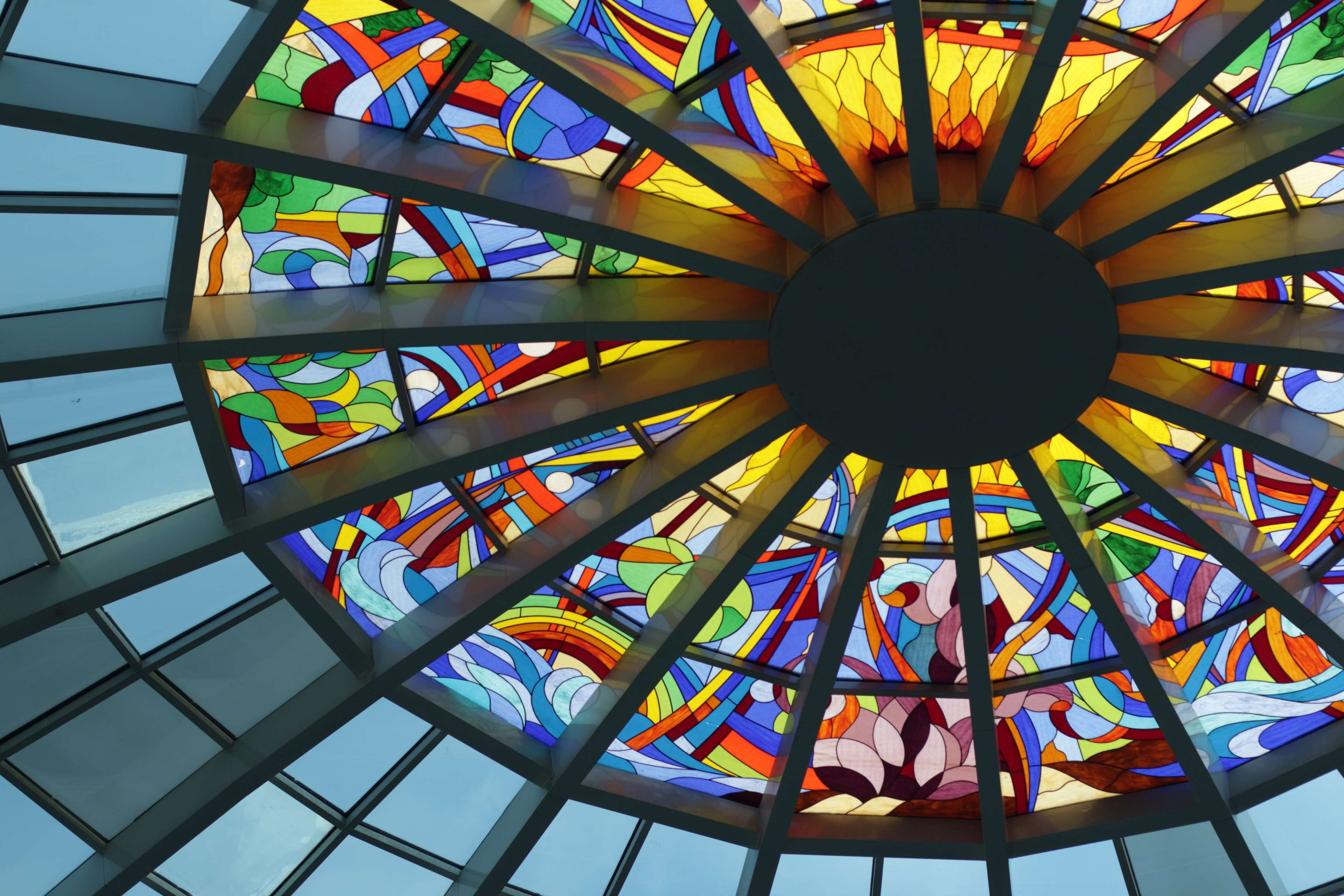 glass, no people, ceiling, abstract, geometric shape, building, design, art, creativity, light, skylight, day, reflection, illustration, round, modern, HD Wallpaper