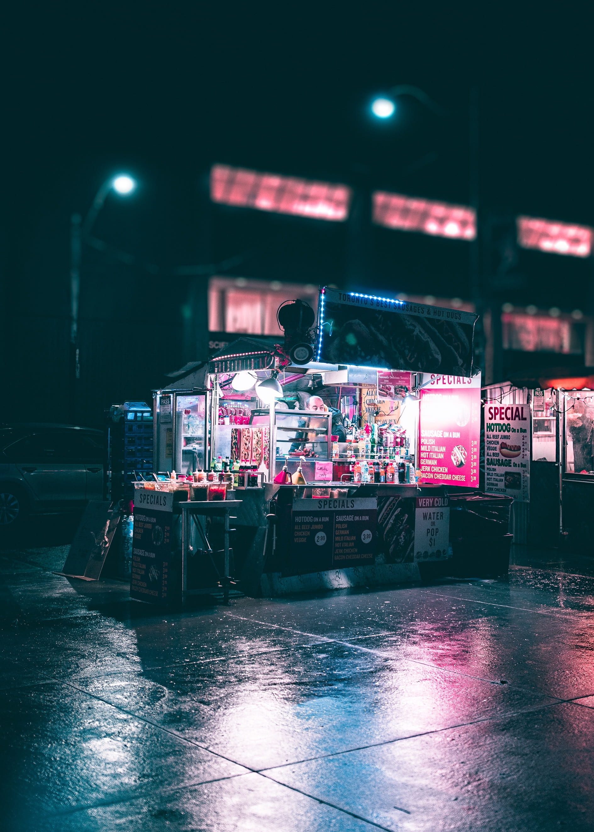 transportation, stall, waterfront, incidental people, built structure, man, people, supplies, nightlife, business, rain, architecture, 2K, store, lighting equipment, Phone HD Wallpaper