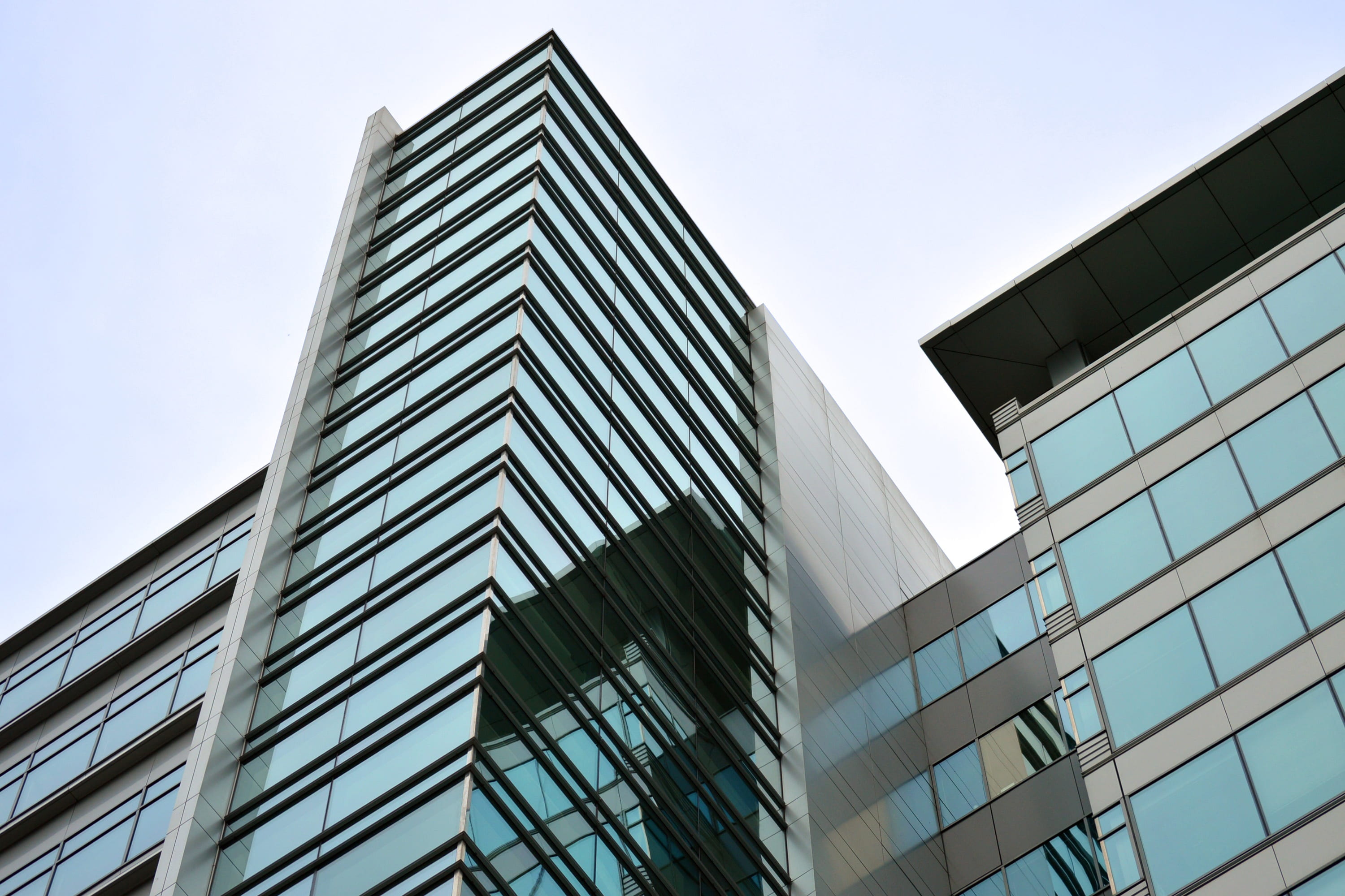 center, blue, district, building exterior, day, low angle view, angle, office, window, office building exterior, contemporary, glass, glass - material, HD Wallpaper