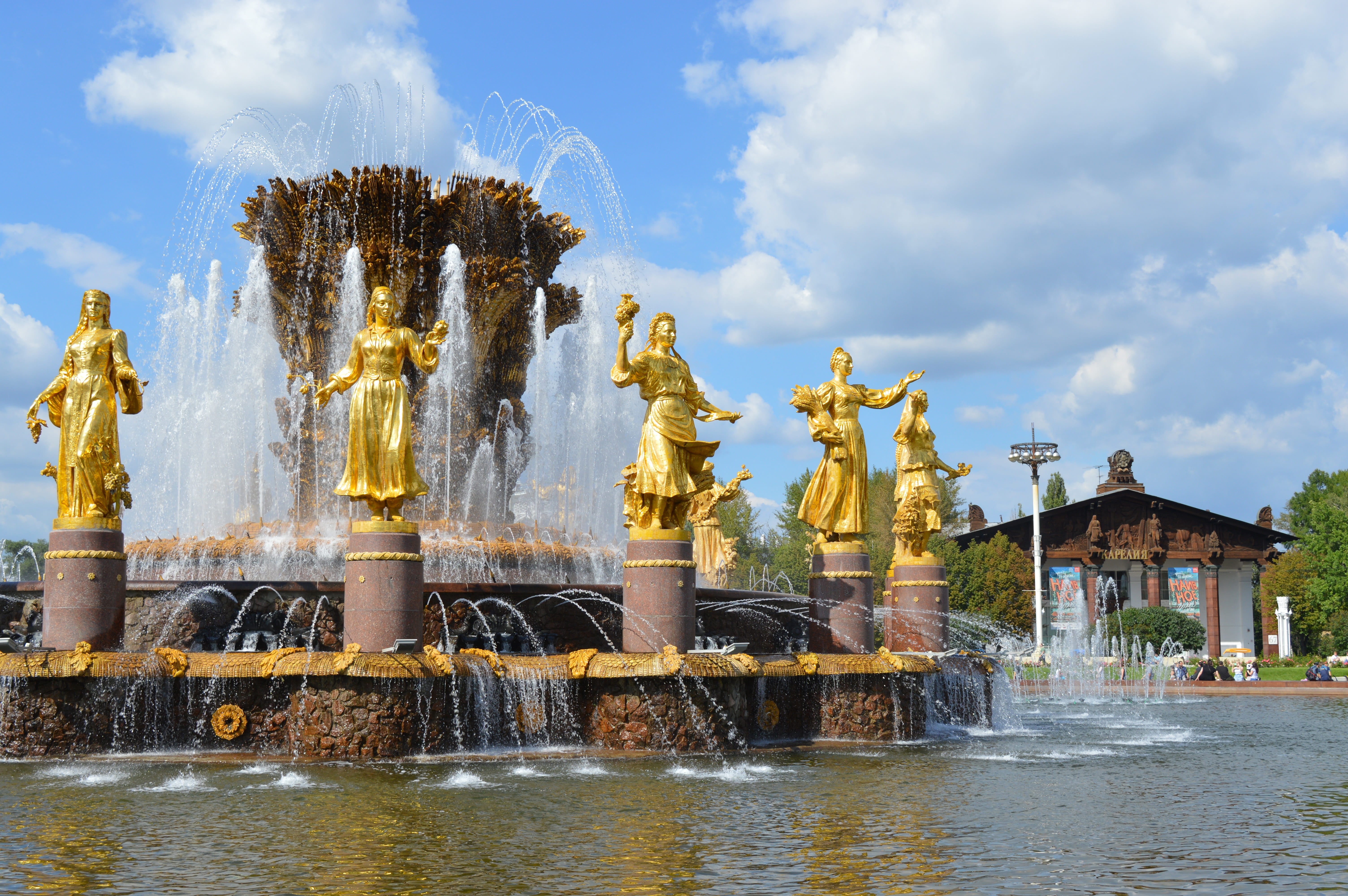 the ussr, peoples friendship fountain, architecture, symbol, moscow, waterfront, showplace, the soviet union, cloud - sky, religion, motion, building, building exterior, HD Wallpaper