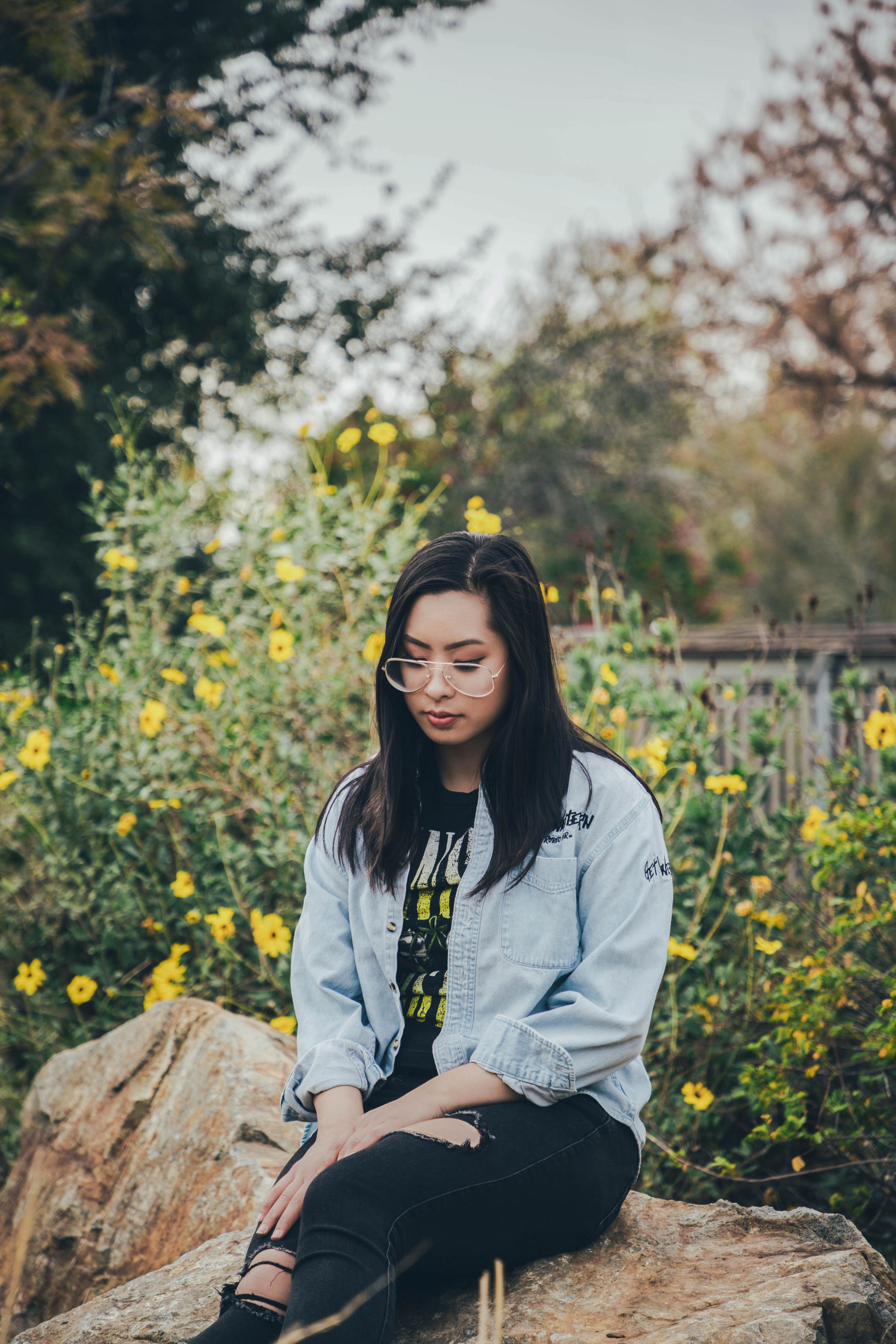 sitting, young women, lifestyles, hair, real people, plant, day, downward, tree, looking, front view, young adult, asian, three quarter length, teenager, Phone HD Wallpaper