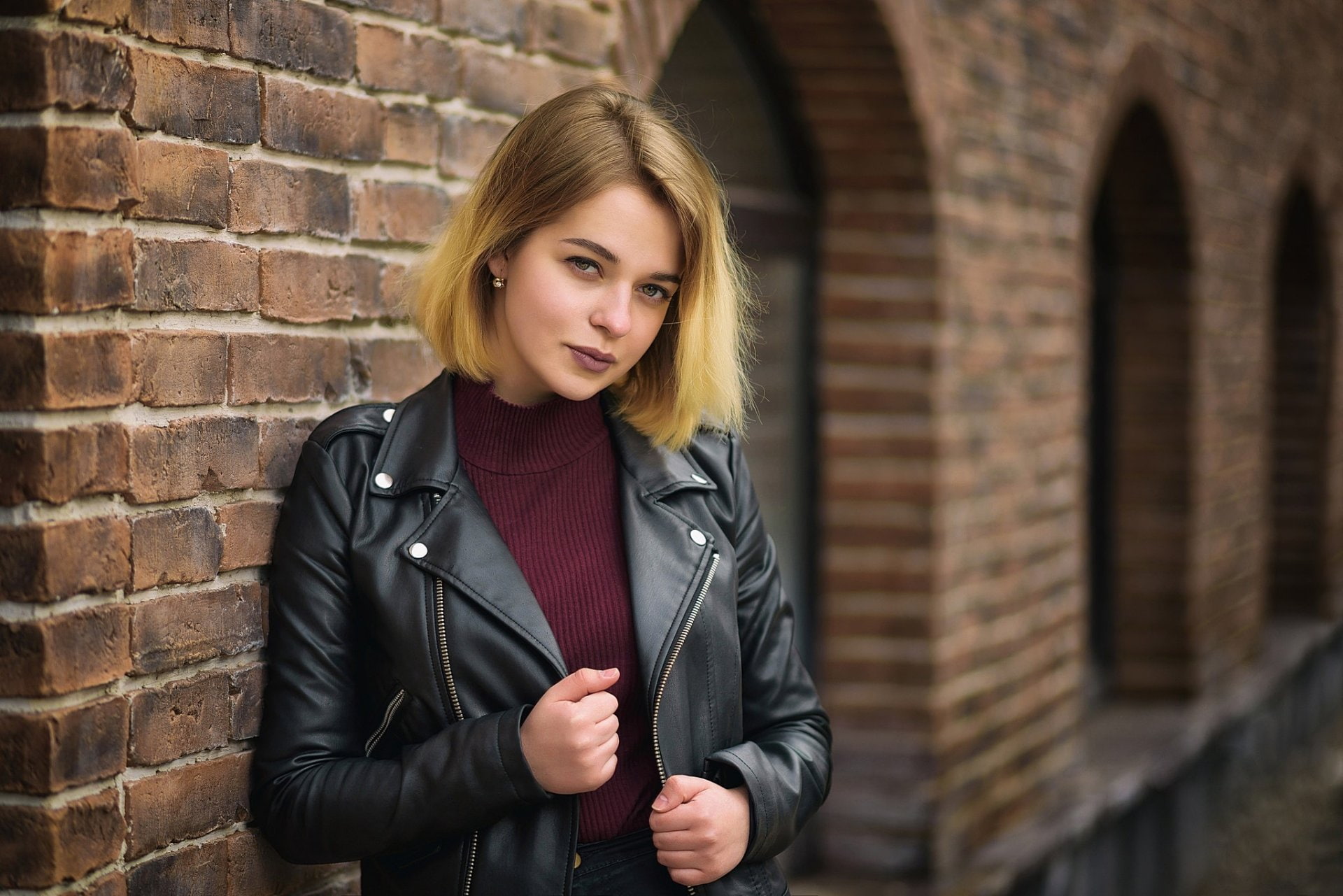 Girl, Leather Jacket, Short Hair, Woman, Model, Blonde, 1080P, Models, HD Wallpaper