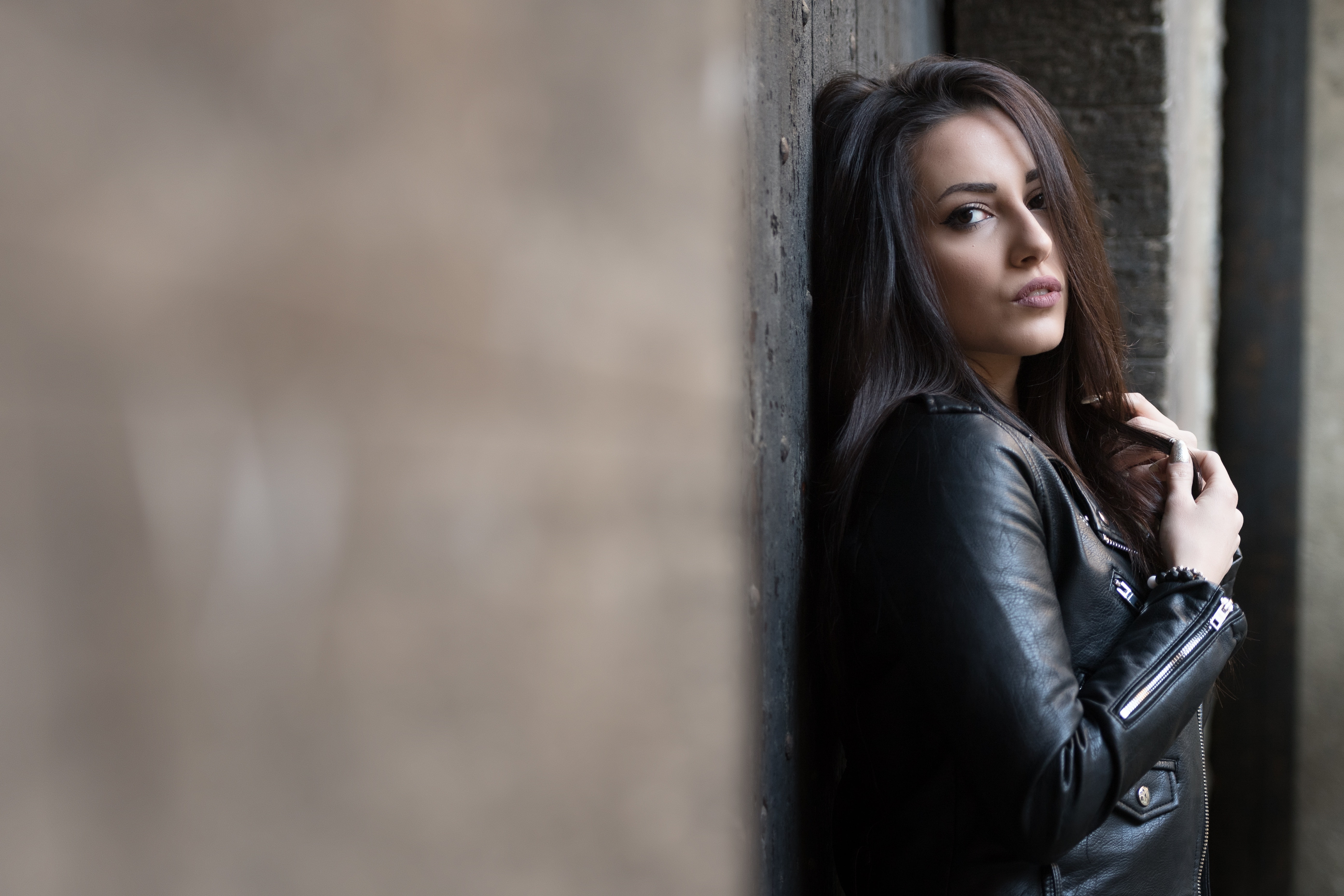 Leather Jacket, Girl, Brown Eyes, Model, Woman, 5K, Brunette, Models, HD Wallpaper
