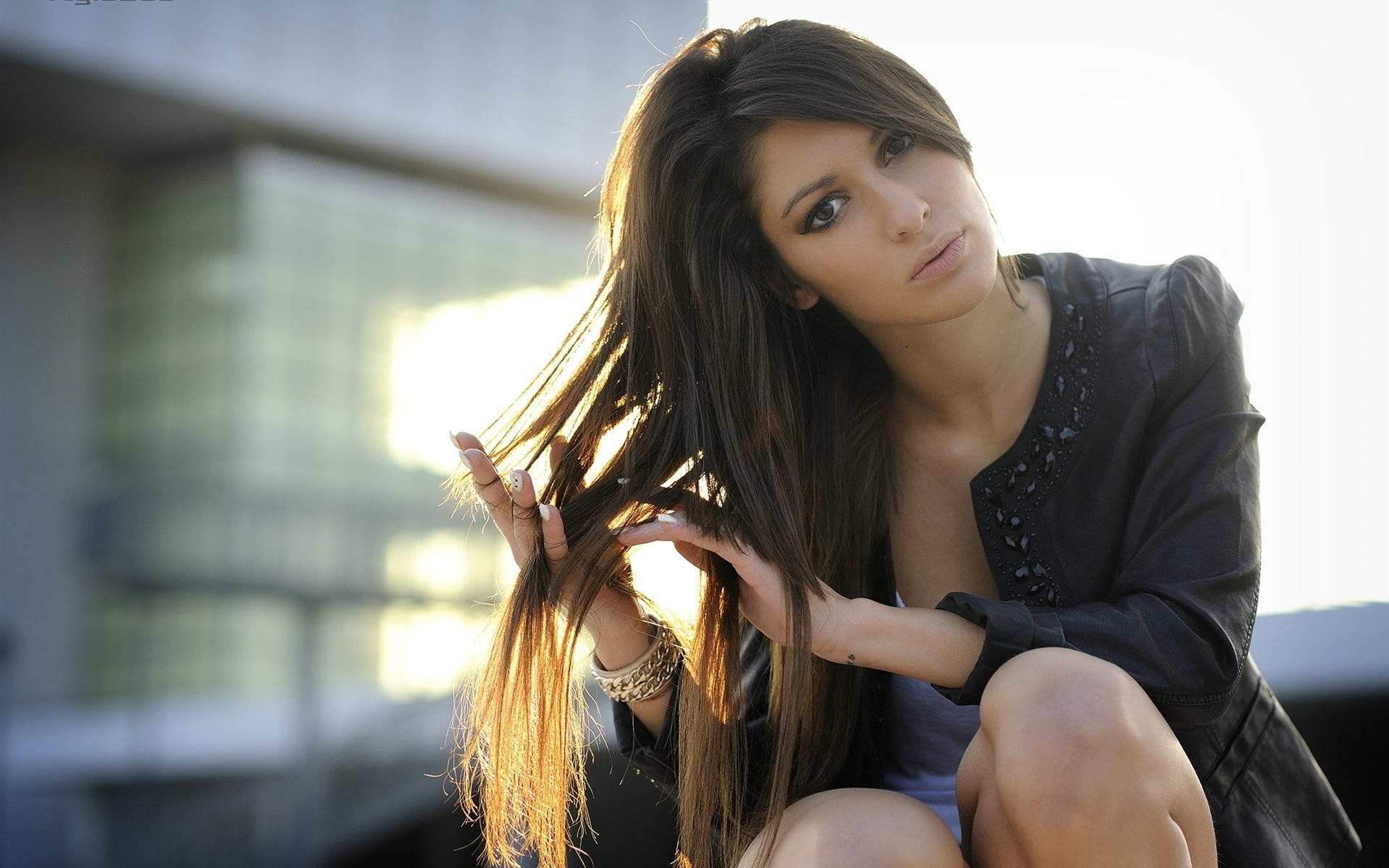 1080P, Girl, blazer, women, Sunshine, black, s, Fashion, Leather, Jacket, HD Wallpaper