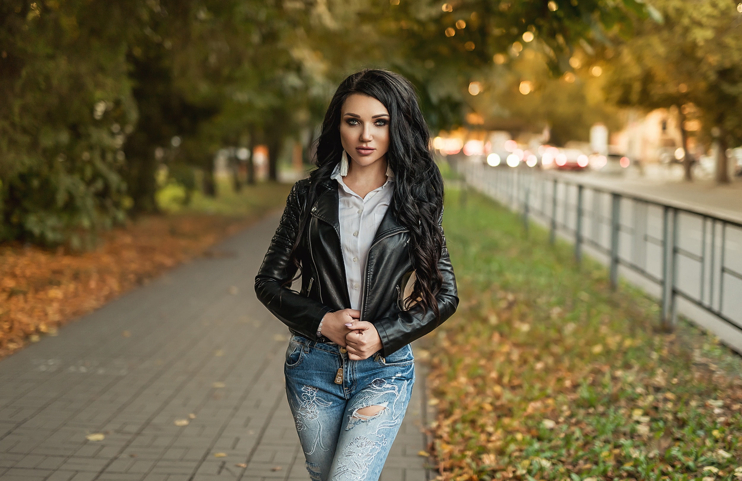 Model, Girl, Woman, Black Hair, 1080P, Leather Jacket, Long Hair, Models, Depth Of Field, HD Wallpaper