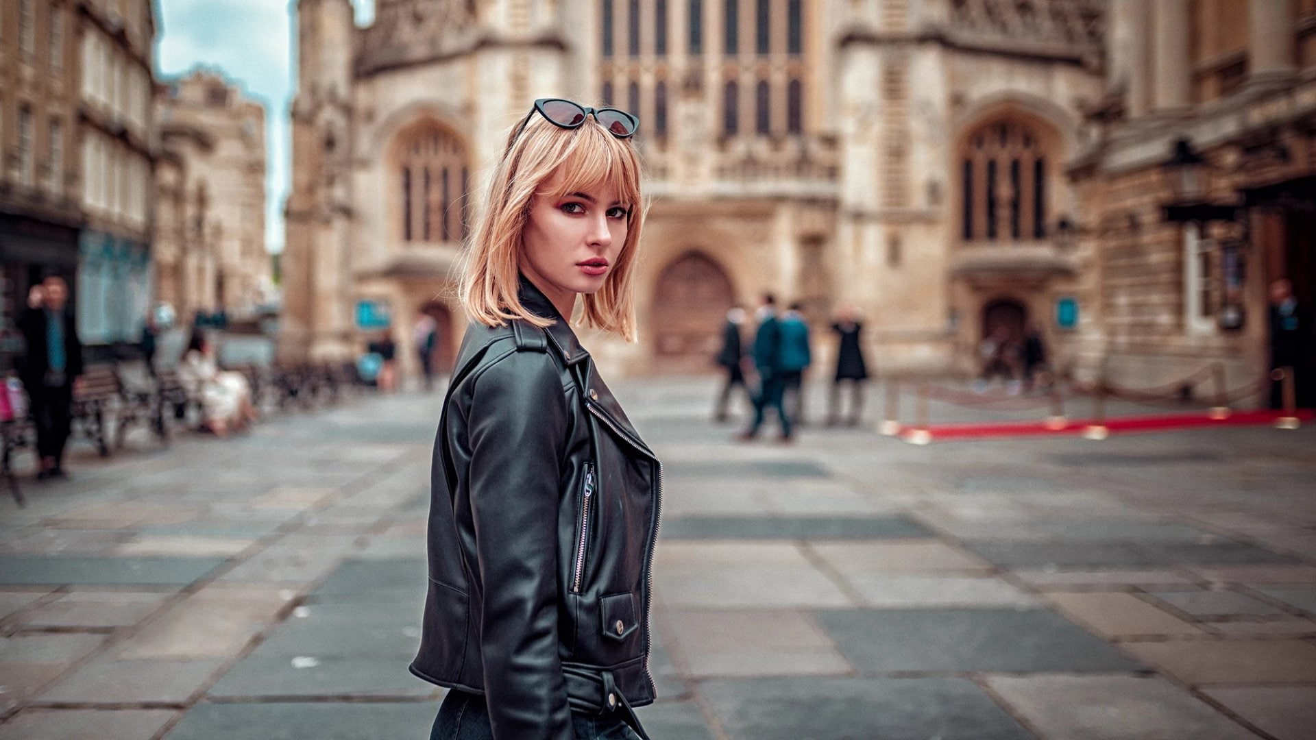 Woman, Model, Models, Girl, 1080P, Sunglasses, Depth Of Field, Leather Jacket, Blonde, HD Wallpaper