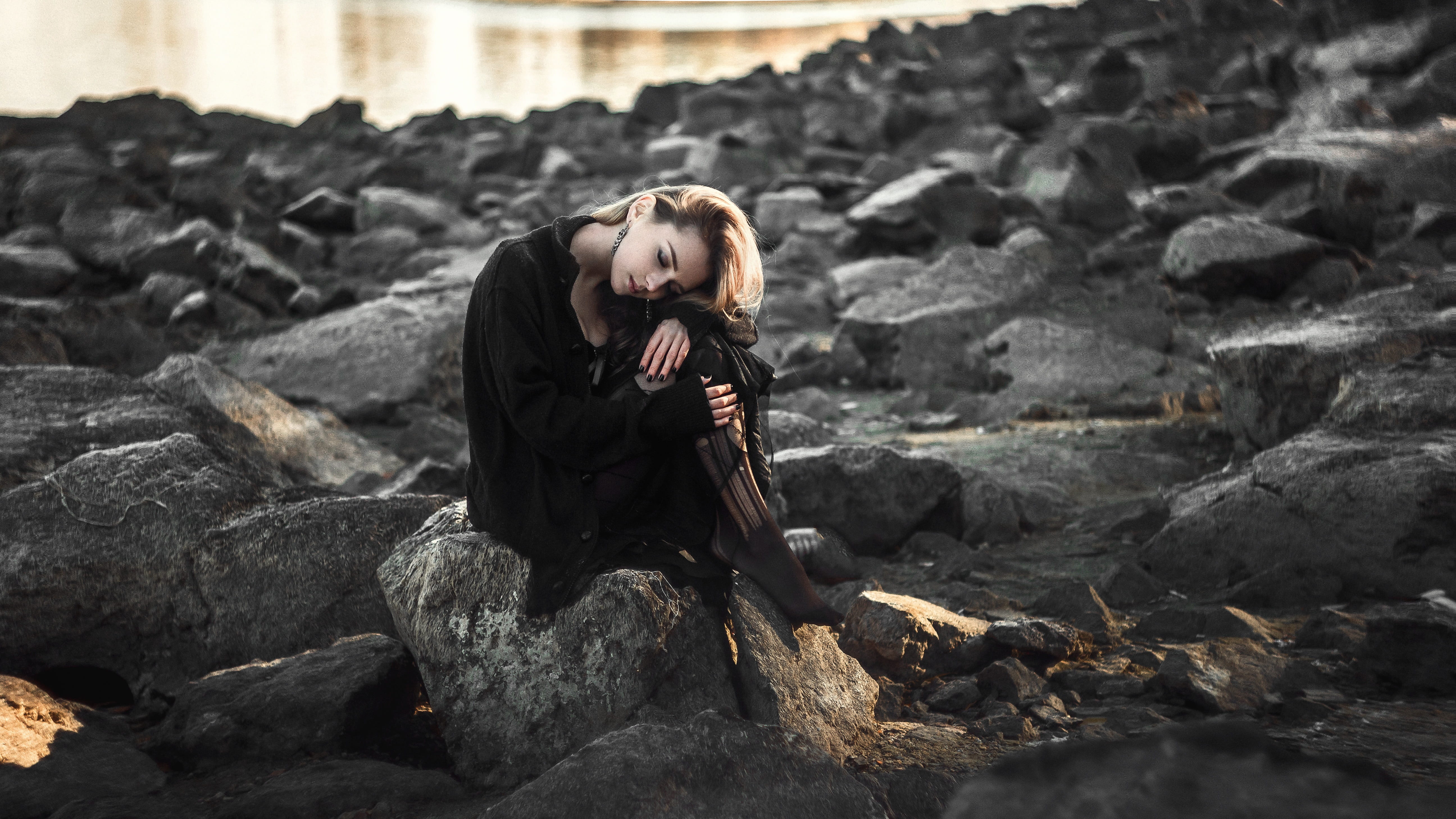 one person, rock, wear, 5K, sad, solid, contemplation, stones, girl, woman, photoshoot, daylight, beach, lonely, emotion, leisure, stress, adult, real people, HD Wallpaper