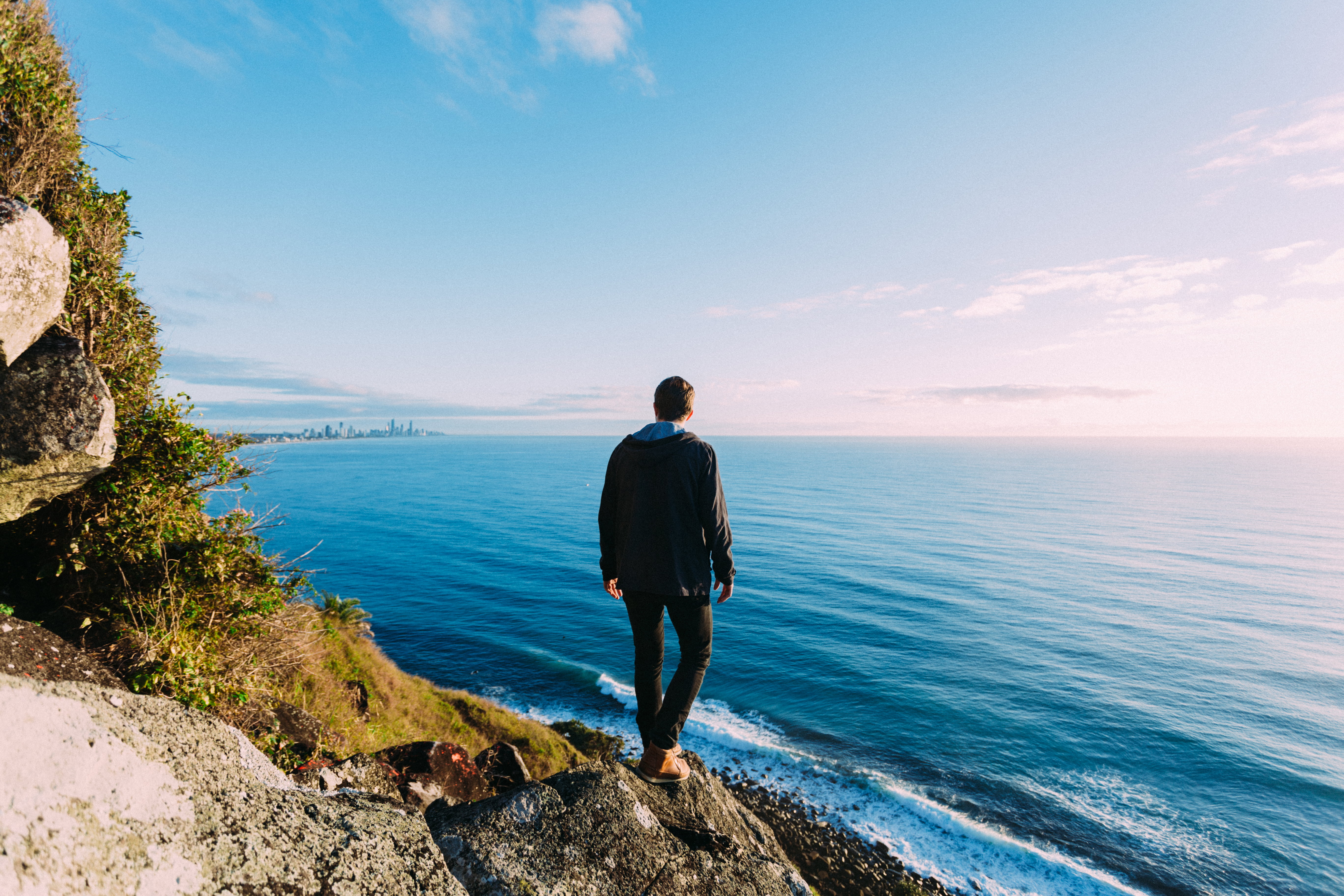 rocks, sea, full length, holiday, photoshoot, water, bay, freedom, scenics - nature, male, rockyscape, outdoors, guy, coast, man, vacations, plants, one person, HD Wallpaper