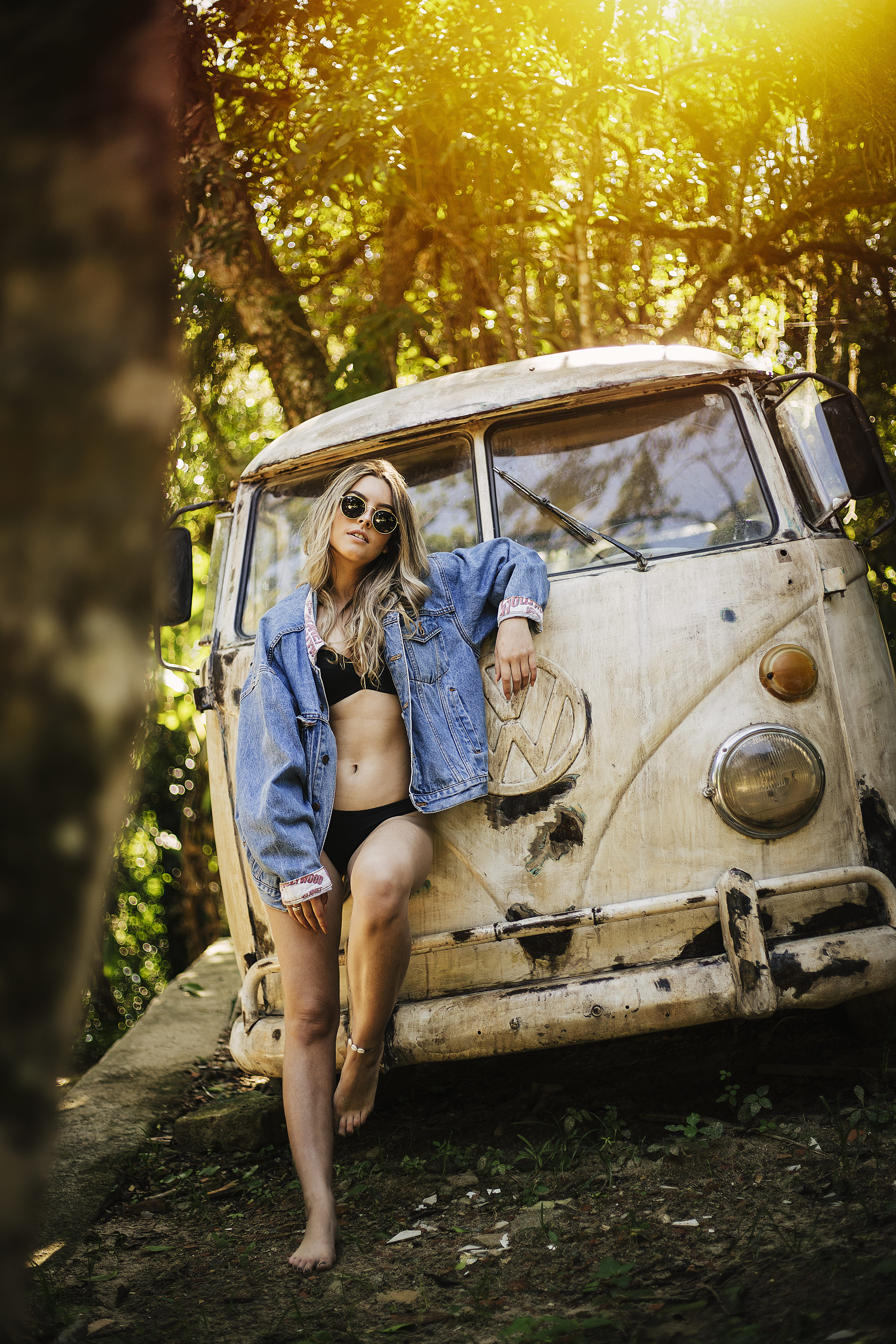 rusty van, front view, young adult, one person, real people, leisure activity, denim wear, lifestyles, transportation, tree, pose, 5K, casual clothing, Phone HD Wallpaper