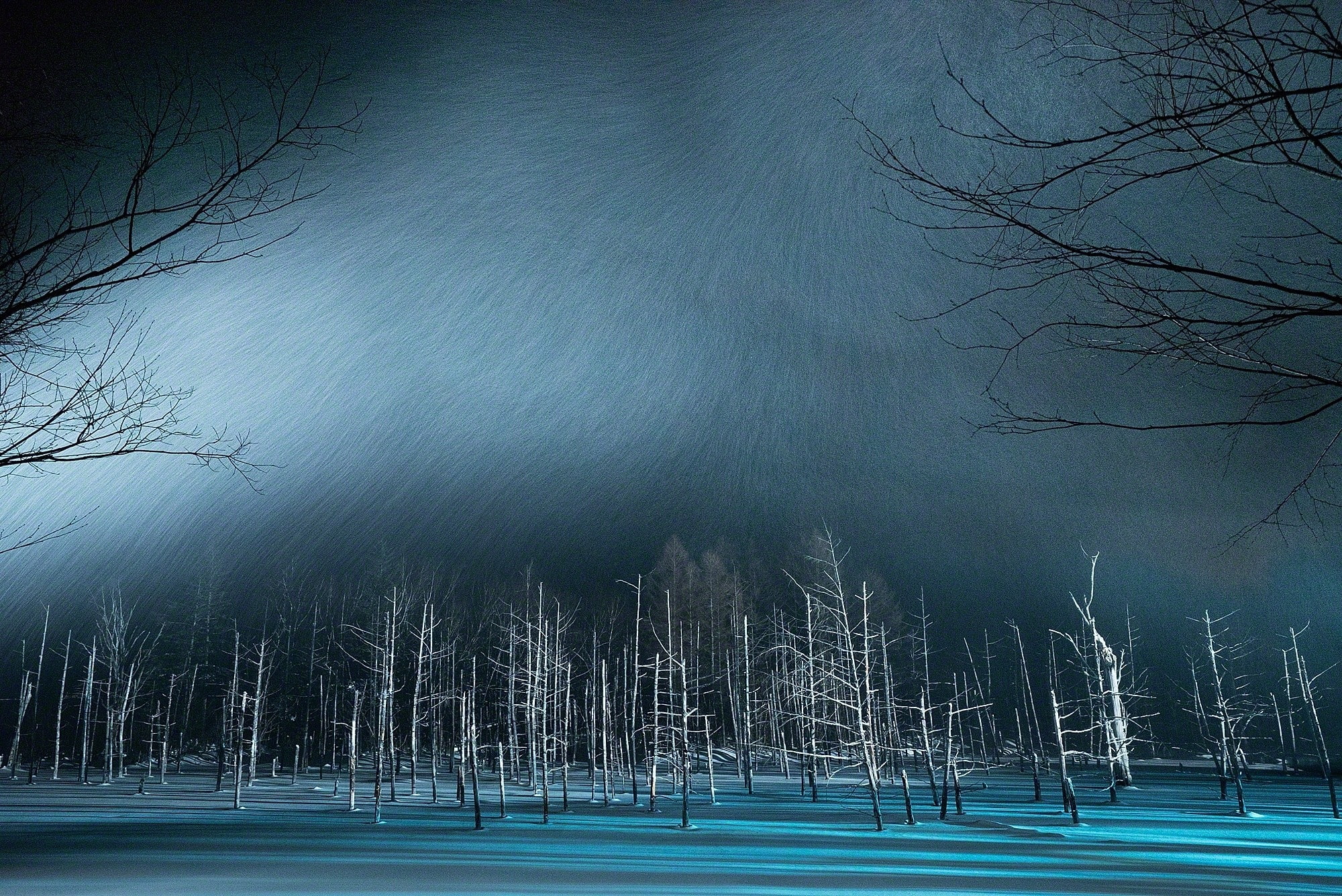 pond, winter, landscape, snow, nature, blue, trees, Japan, 1080P, HD Wallpaper