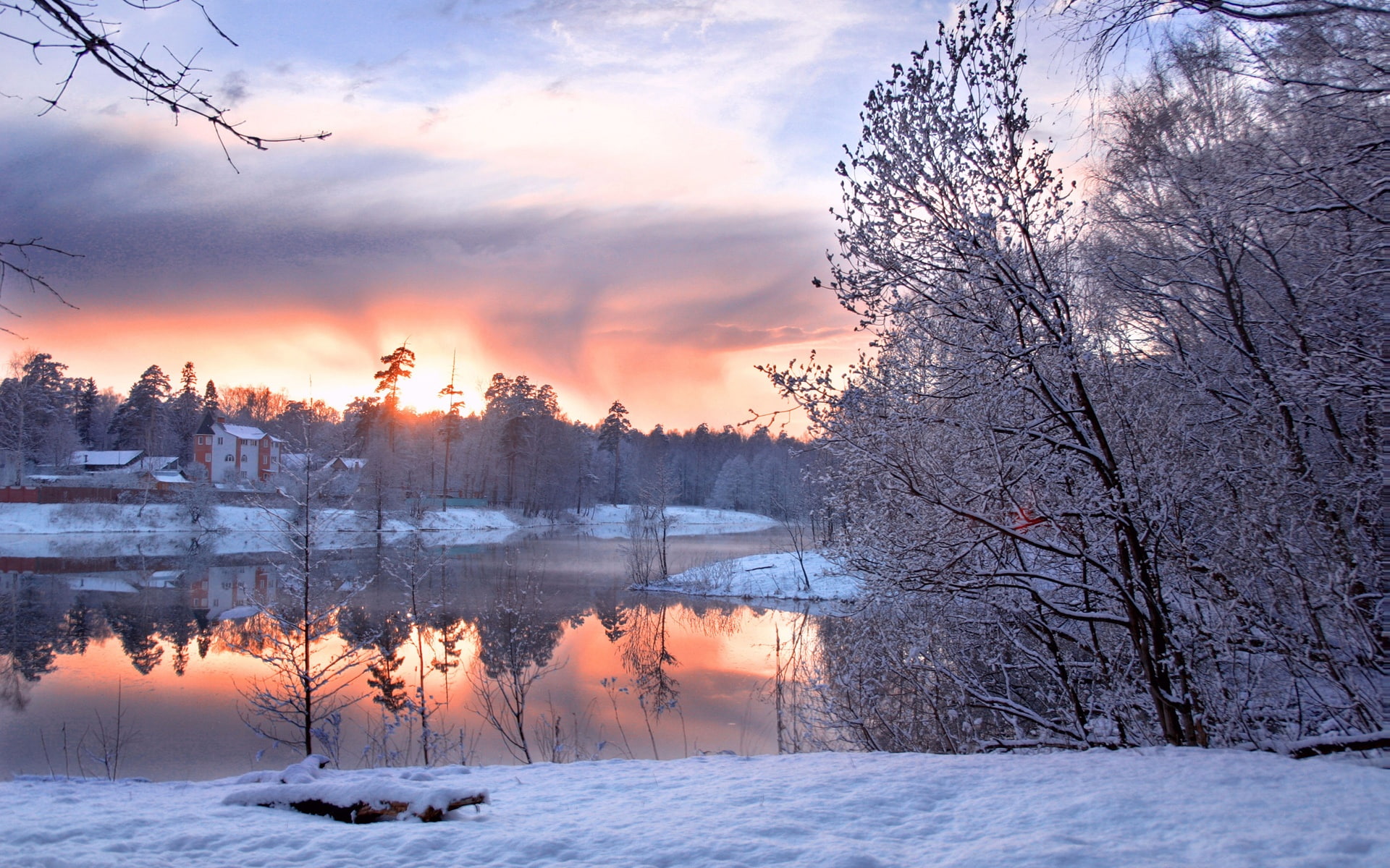 Ponds, Cold, coated, Trees, Houses, Winter, Snow, 1080P, Season, Ice, land, HD Wallpaper
