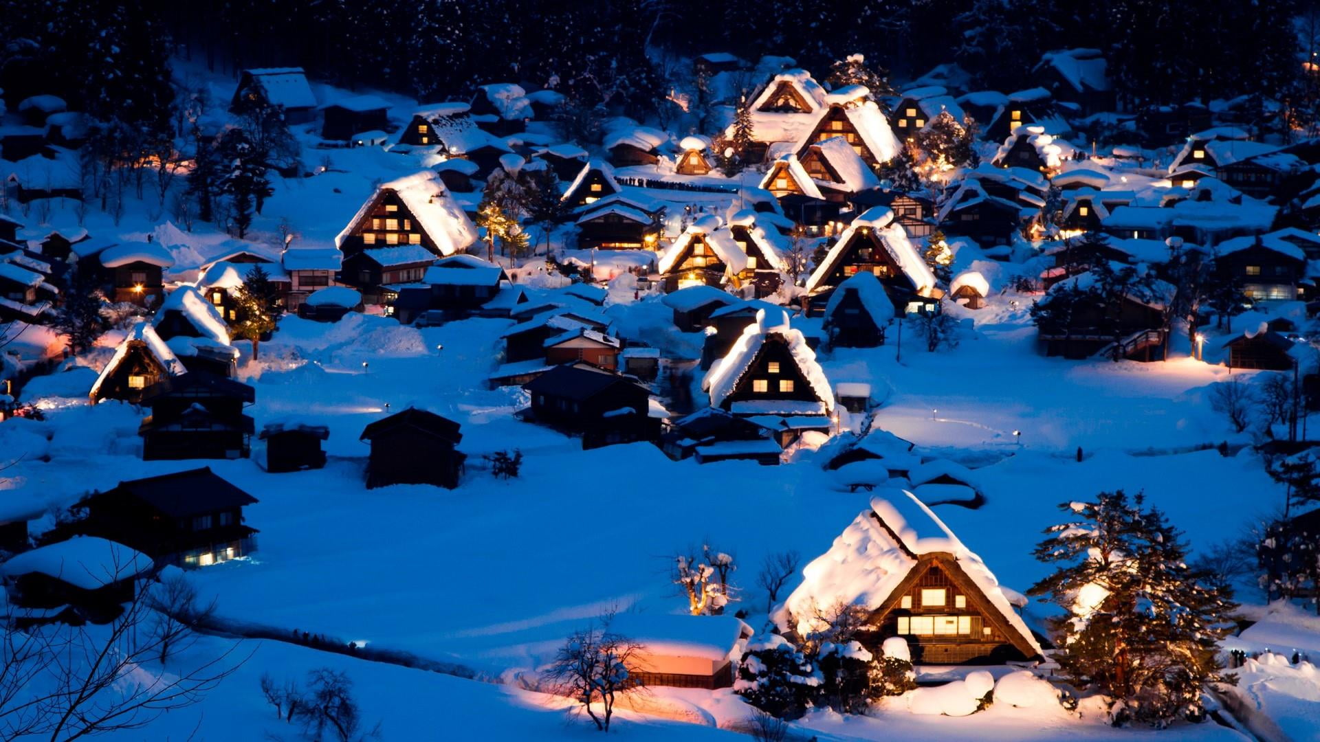 night, asia, nature, high angle view, snow, japan, snowcapped mountain, building exterior, 1080P, outdoors, no people, house, gokayama, houses, tree, farm, HD Wallpaper