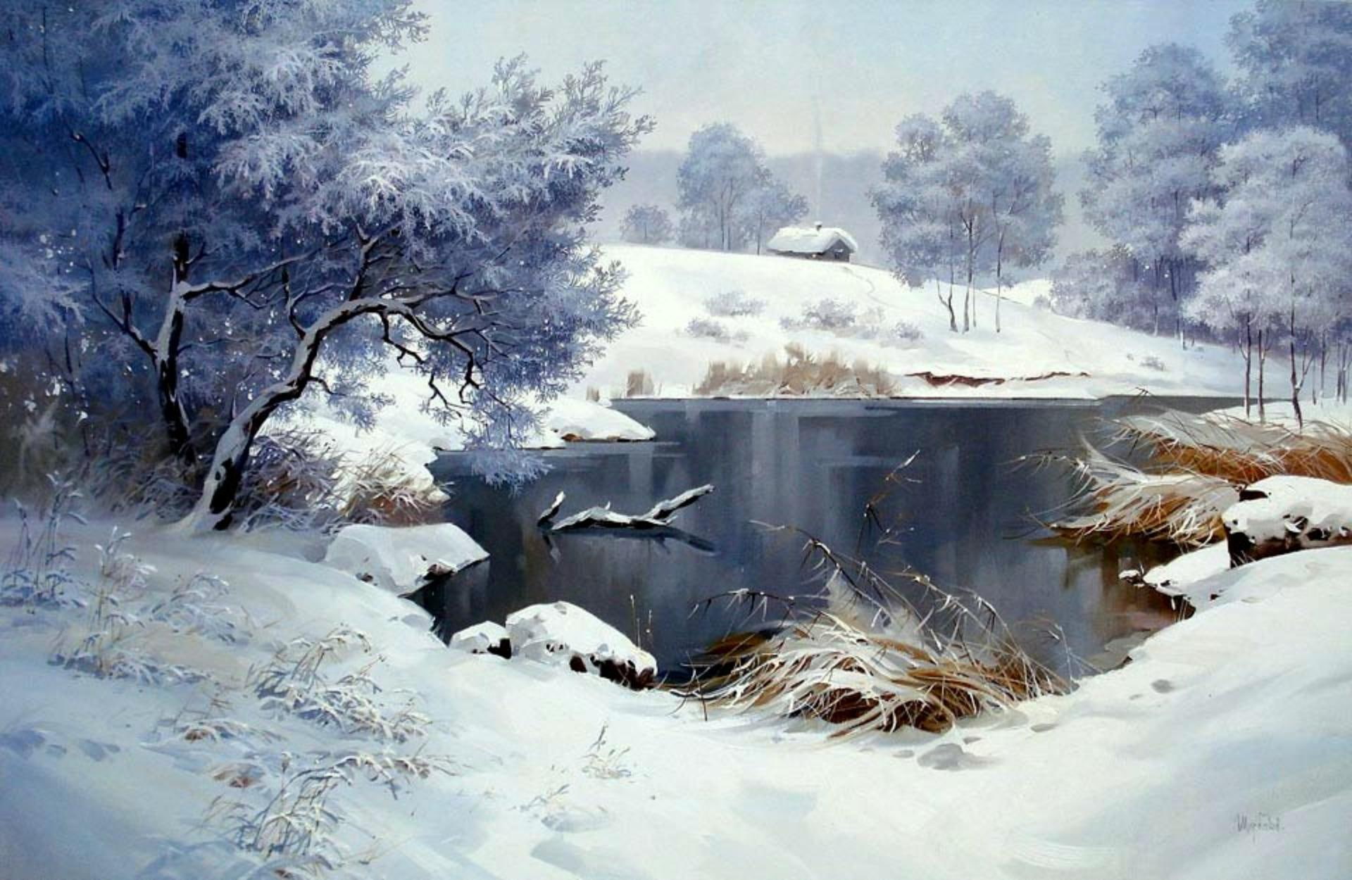 pond, farm, white, landscape, house, 3d and abstract, shades, water, trees, snow, winter, 1080P, countryside, HD Wallpaper