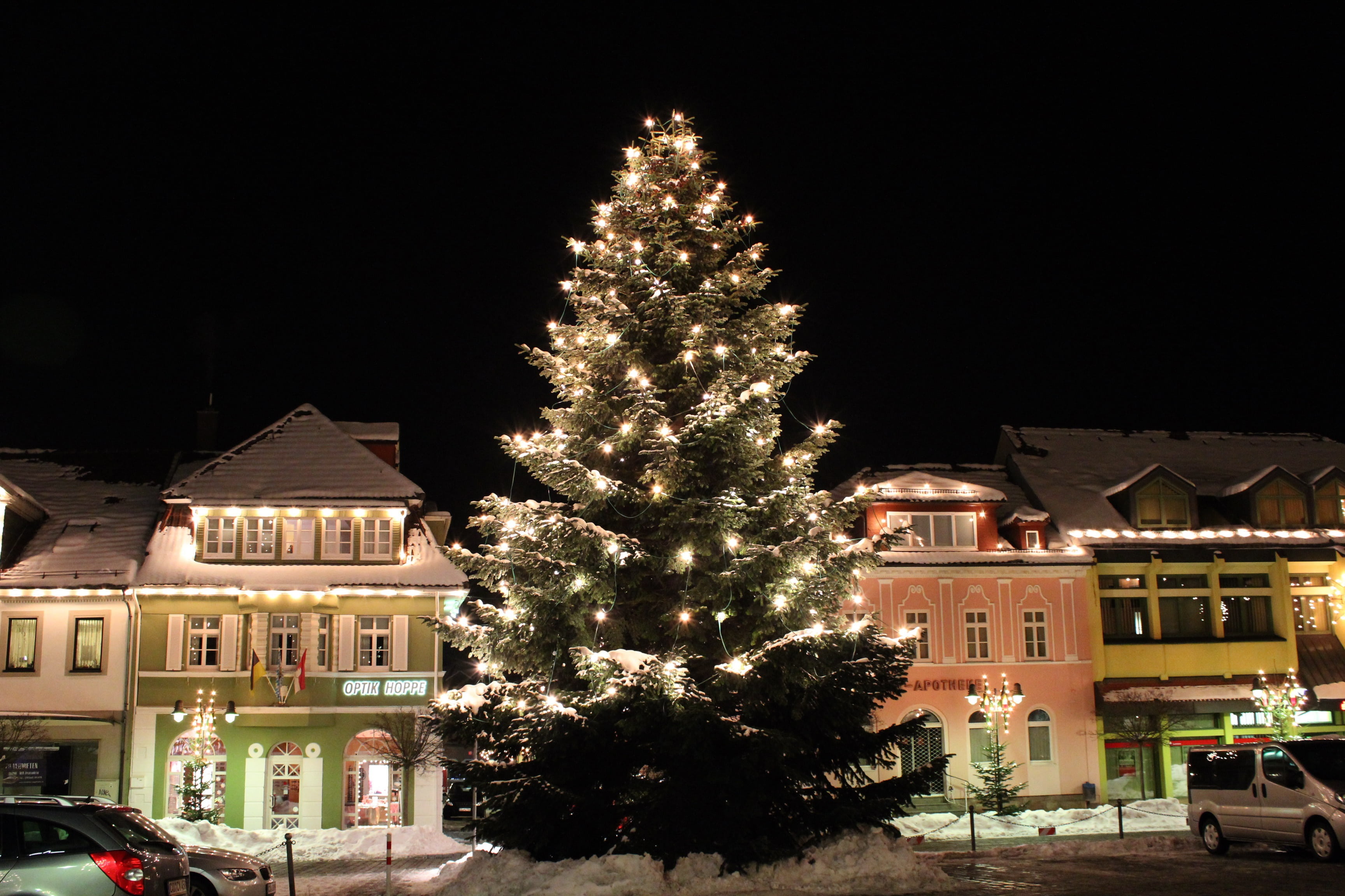 pre, holiday, night photograph, christmas, coniferous tree, plant, tree, building exterior, built structure, no people, night, illuminated, front, decoration, HD Wallpaper