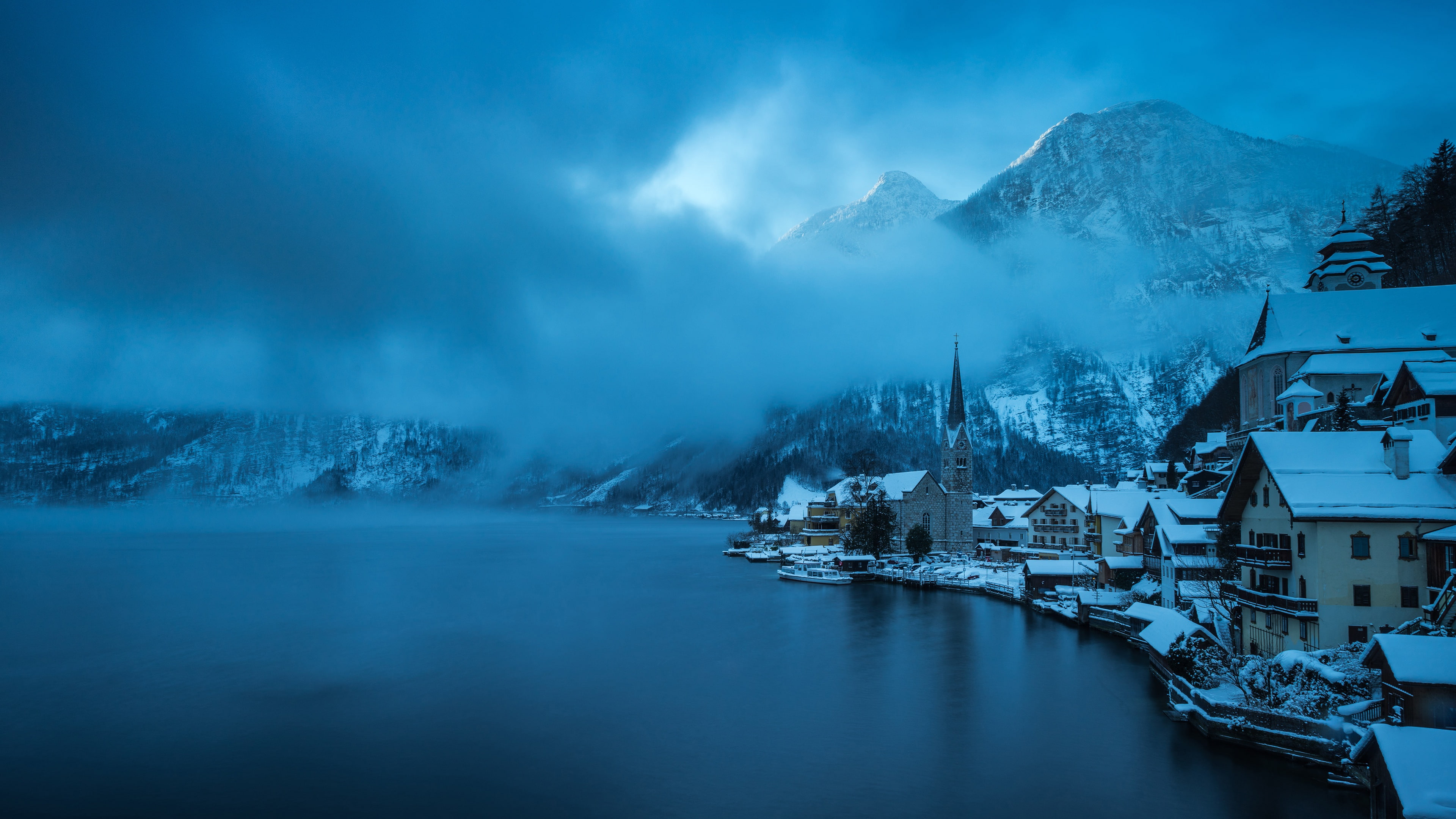 the sky, winter, mountains, the city, trees, pond, clouds, Austria, forest, shore, blue, 4K, Hallstatt, home, blue tones, lake, snow, fog, color, couples, HD Wallpaper