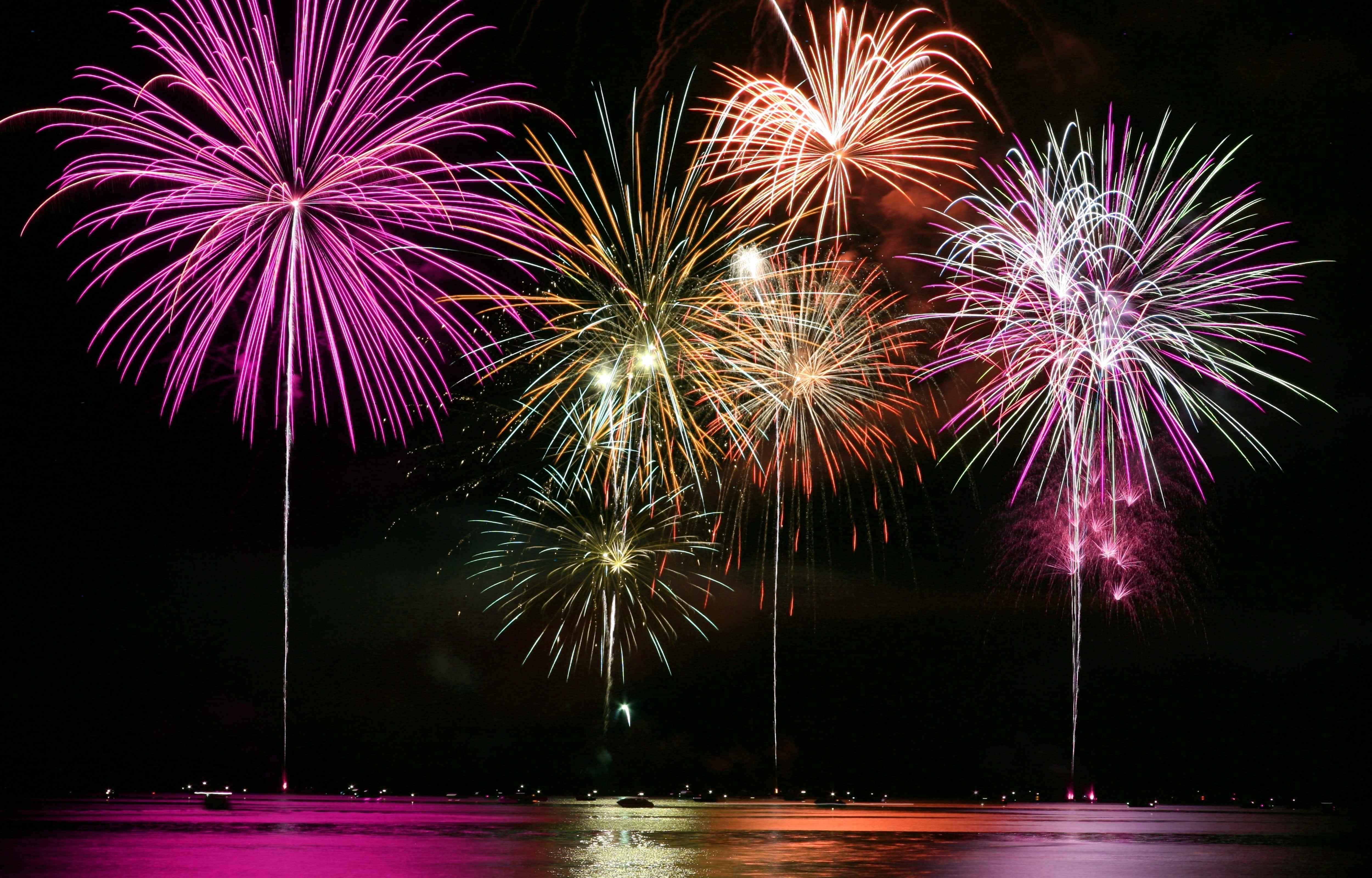 water, firework Display, vibrant Color, illuminated, lights, glowing, traditional Festival, holiday, new Years Eve, purple, no people, display, multi Colored, HD Wallpaper