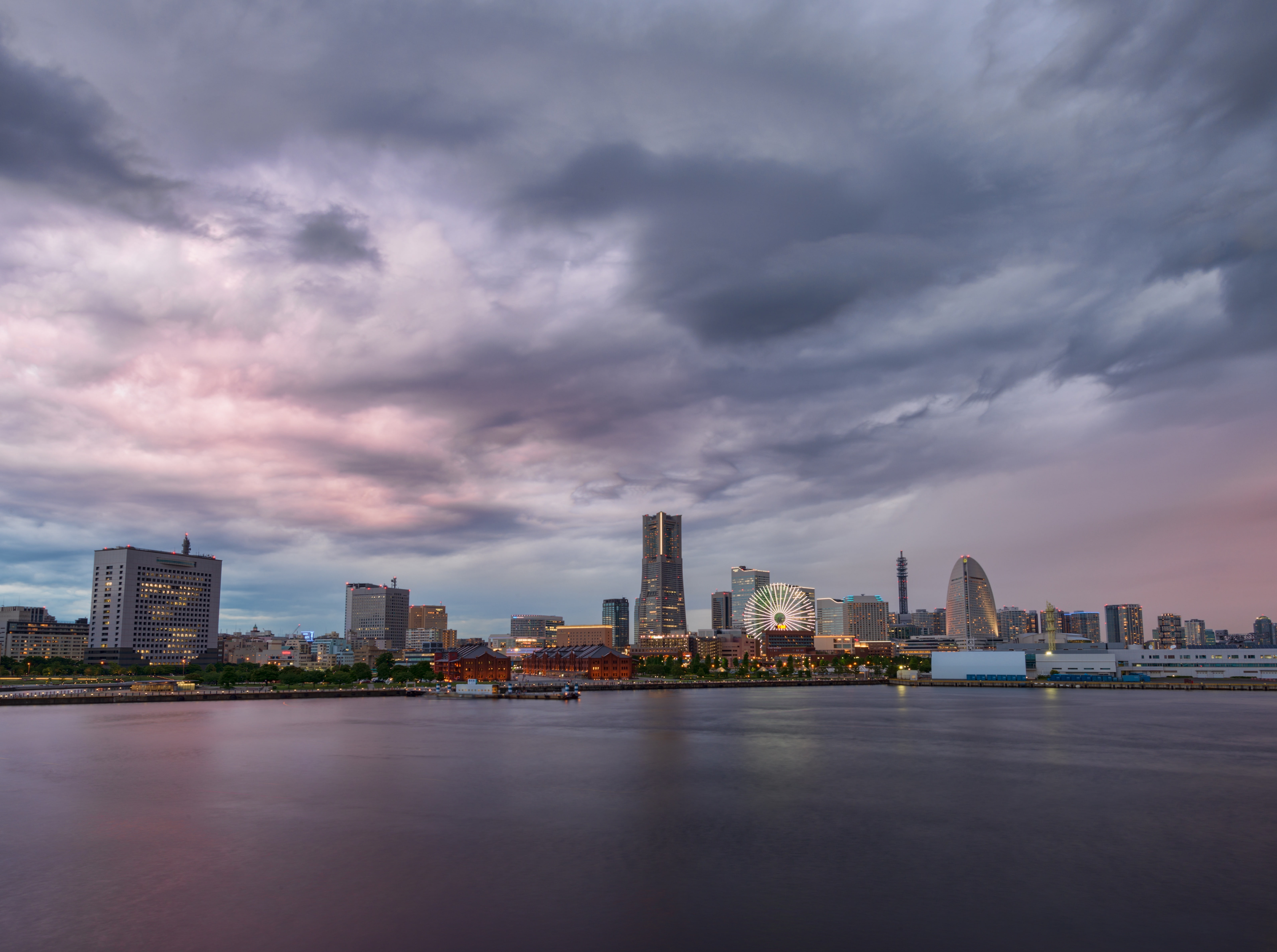 Minato, sky, Pier, outdoors, modern, minatomirai, yokohamashi, office building exterior, 5K, city, Cloudy, travel destinations, financial district, waterfront, HD Wallpaper
