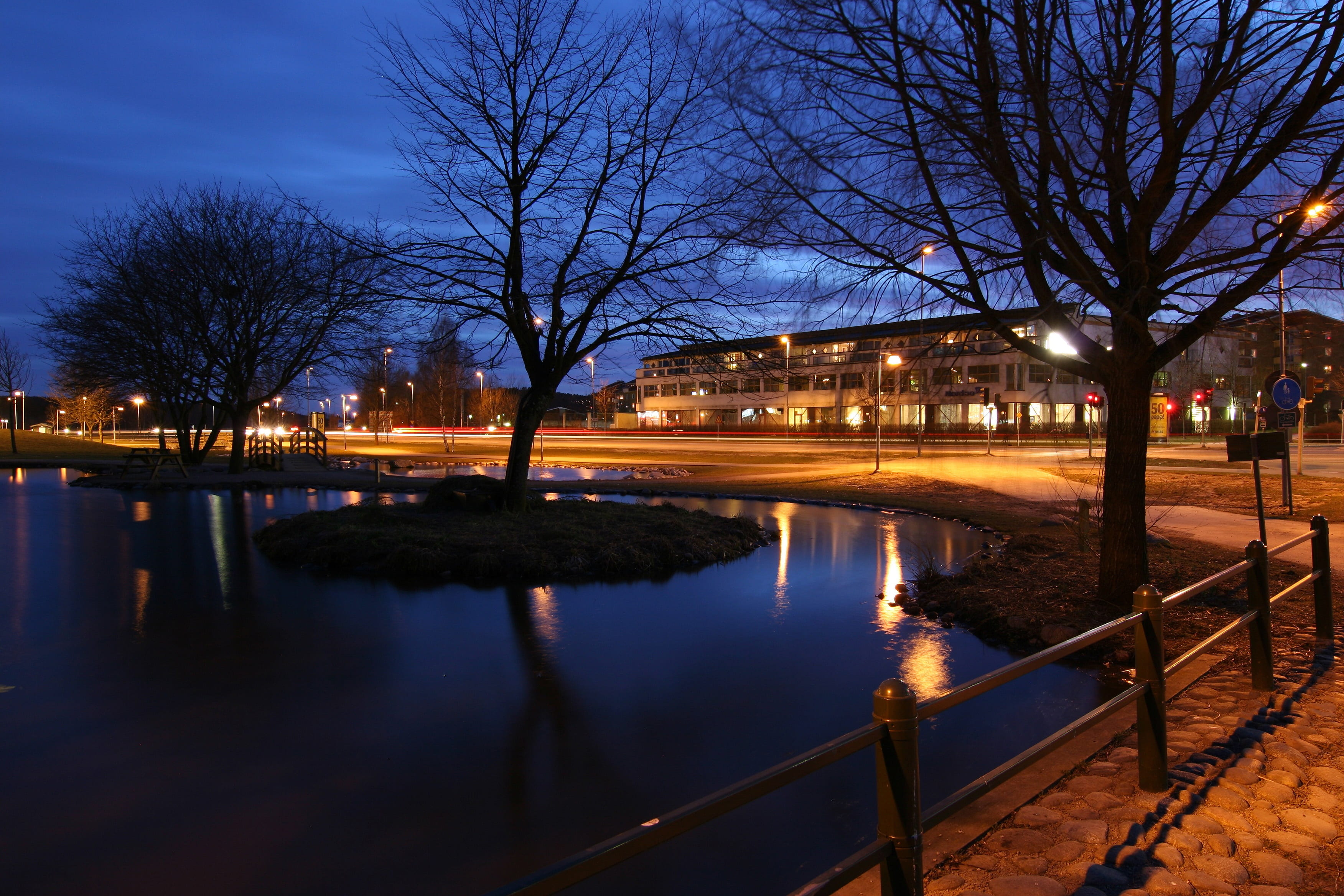 sweden, nocturne, building exterior, built structure, no people, tree, street light, road, night, dark blue sky, sky, reflections on the lake, twilight, HD Wallpaper