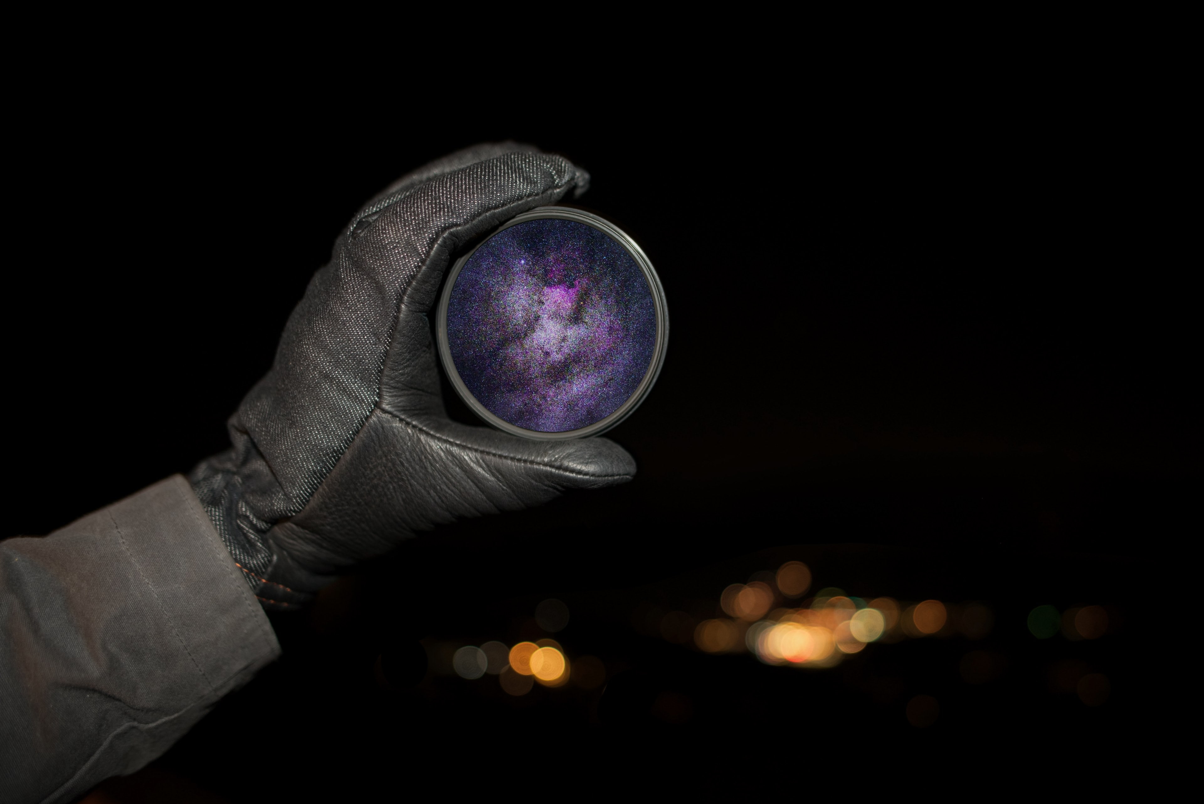 bokeh, night, universe, human body part, dark, unrecognizable person, black background, space, holding, gloves, one person, hands, finger, studio shot, HD Wallpaper