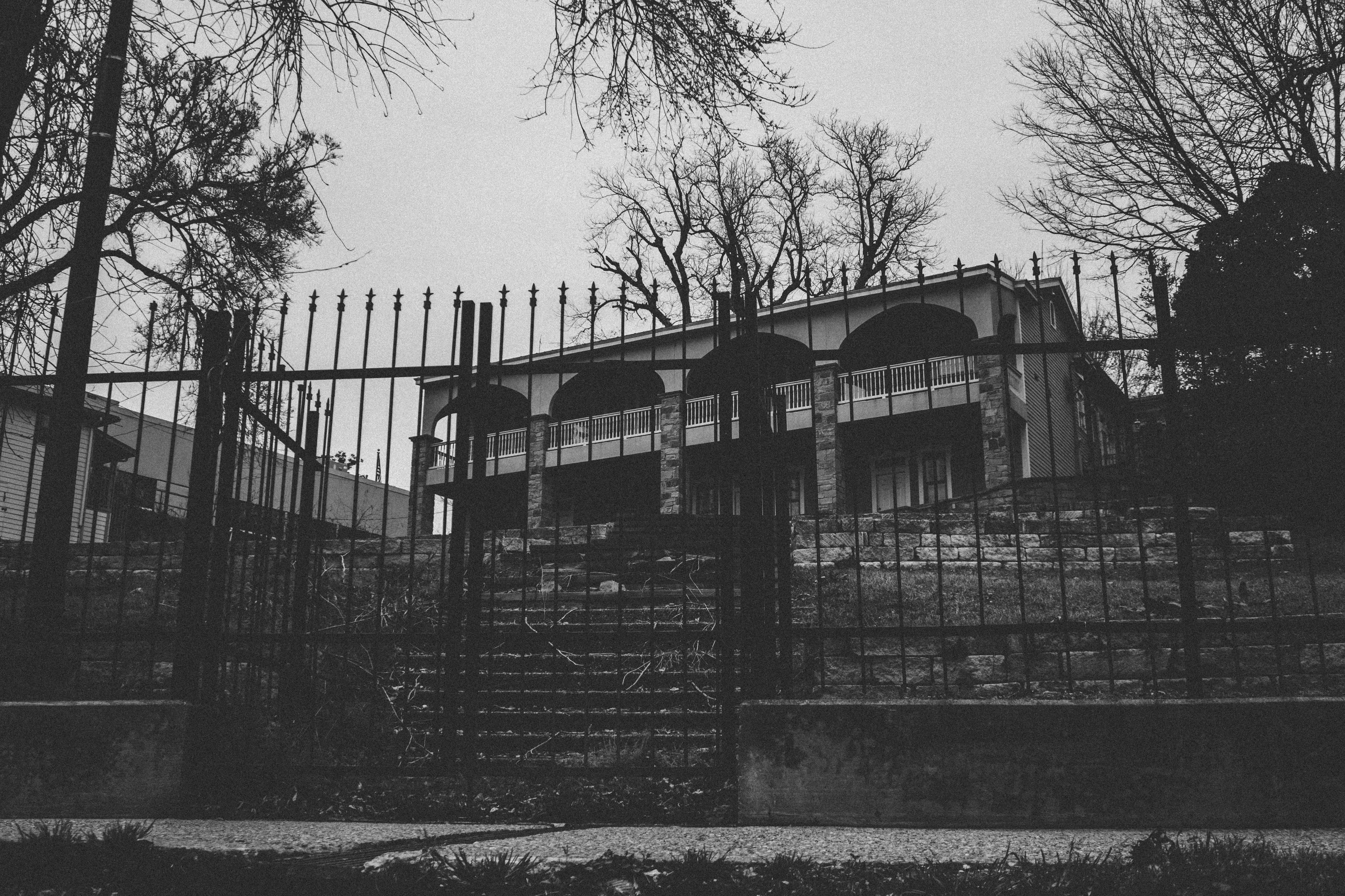 scary, trees, gate, outdoors, damaged, boundary, no people, noir, day, morbid, old, house, run-down, night, plant, ambiguous, building exterior, railing, HD Wallpaper