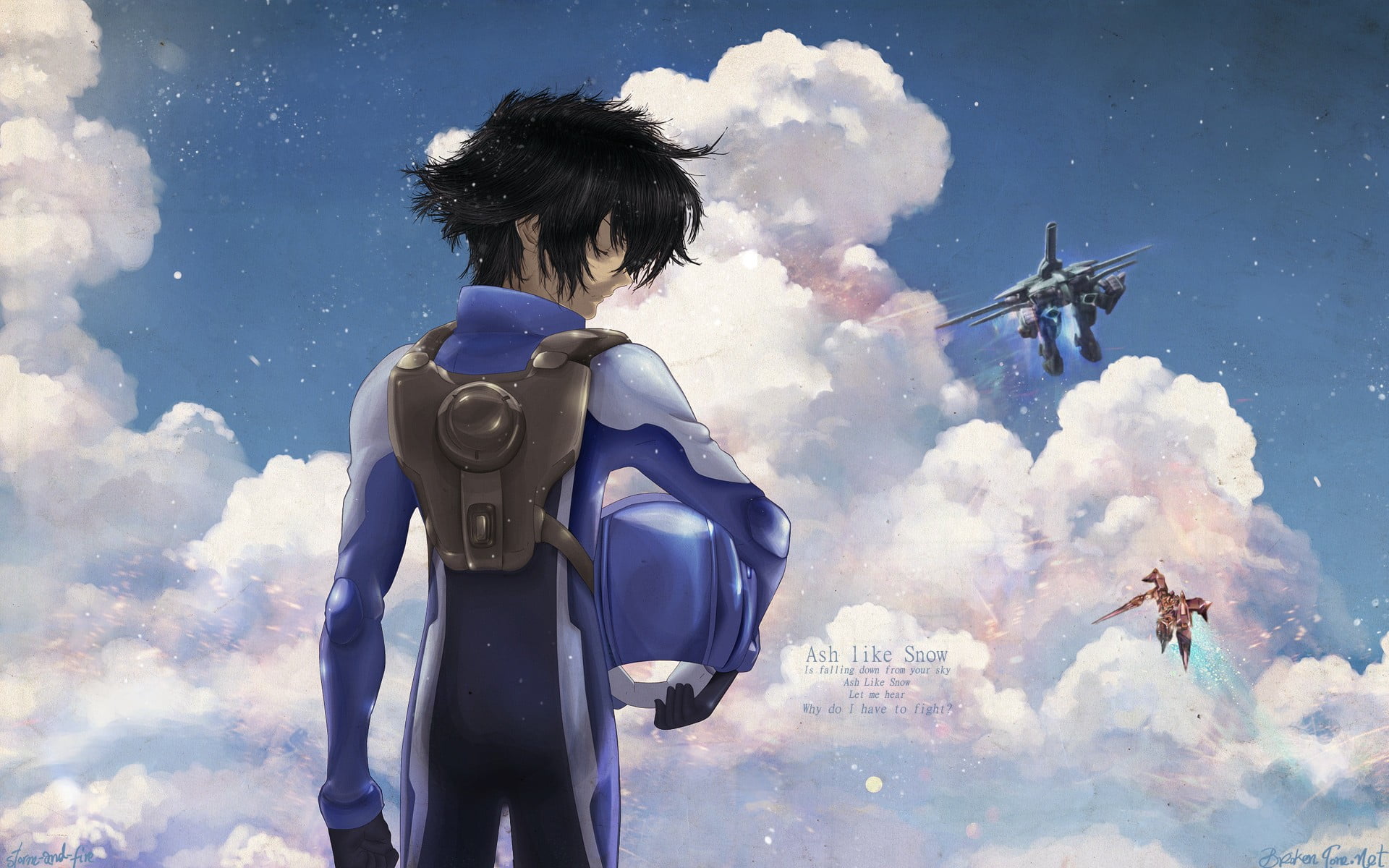 smoke - physical structure, mech, cloud - sky, sky, helicopter, blue, Gundam, angel, robot, transportation, day, pilot, 1080P, low angle view, HD Wallpaper