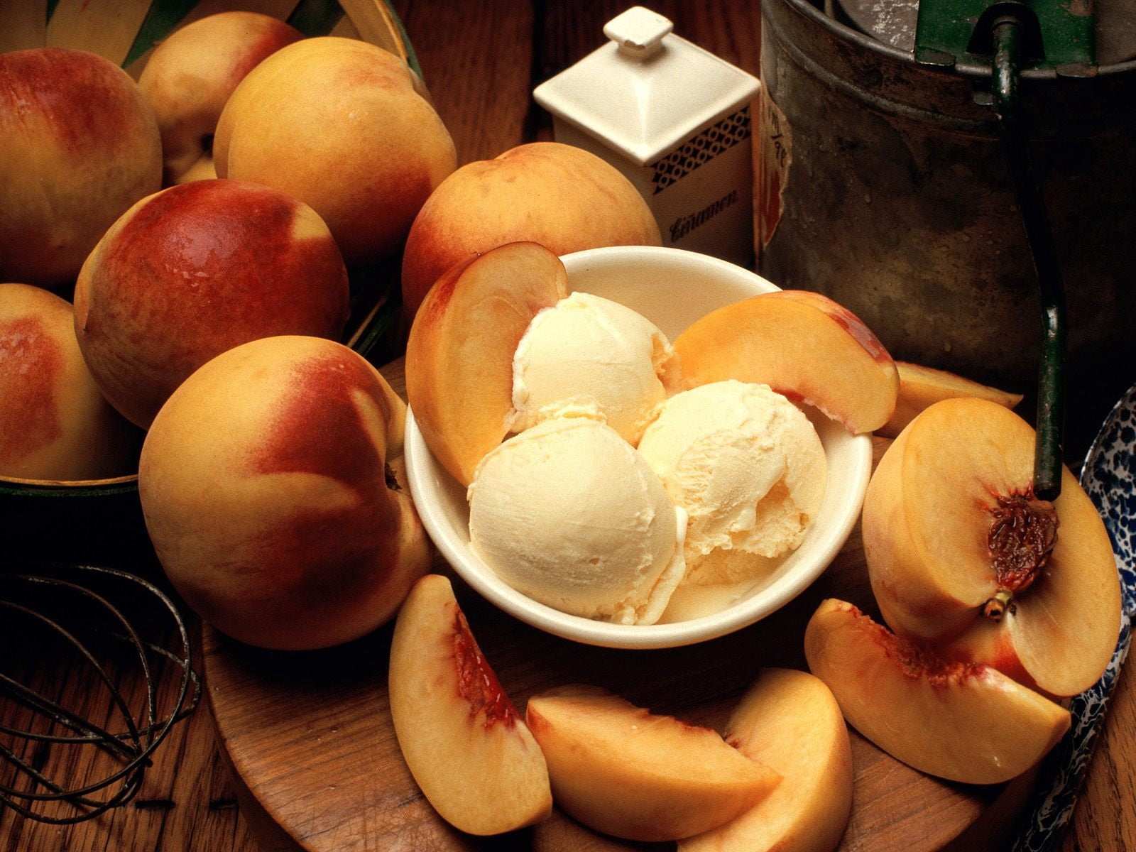 temptation, high angle view, dessert, abundance, apple, delicious, food, container, freshness, table, close-up, fruit, indoors, no people, peach, dairy product, HD Wallpaper