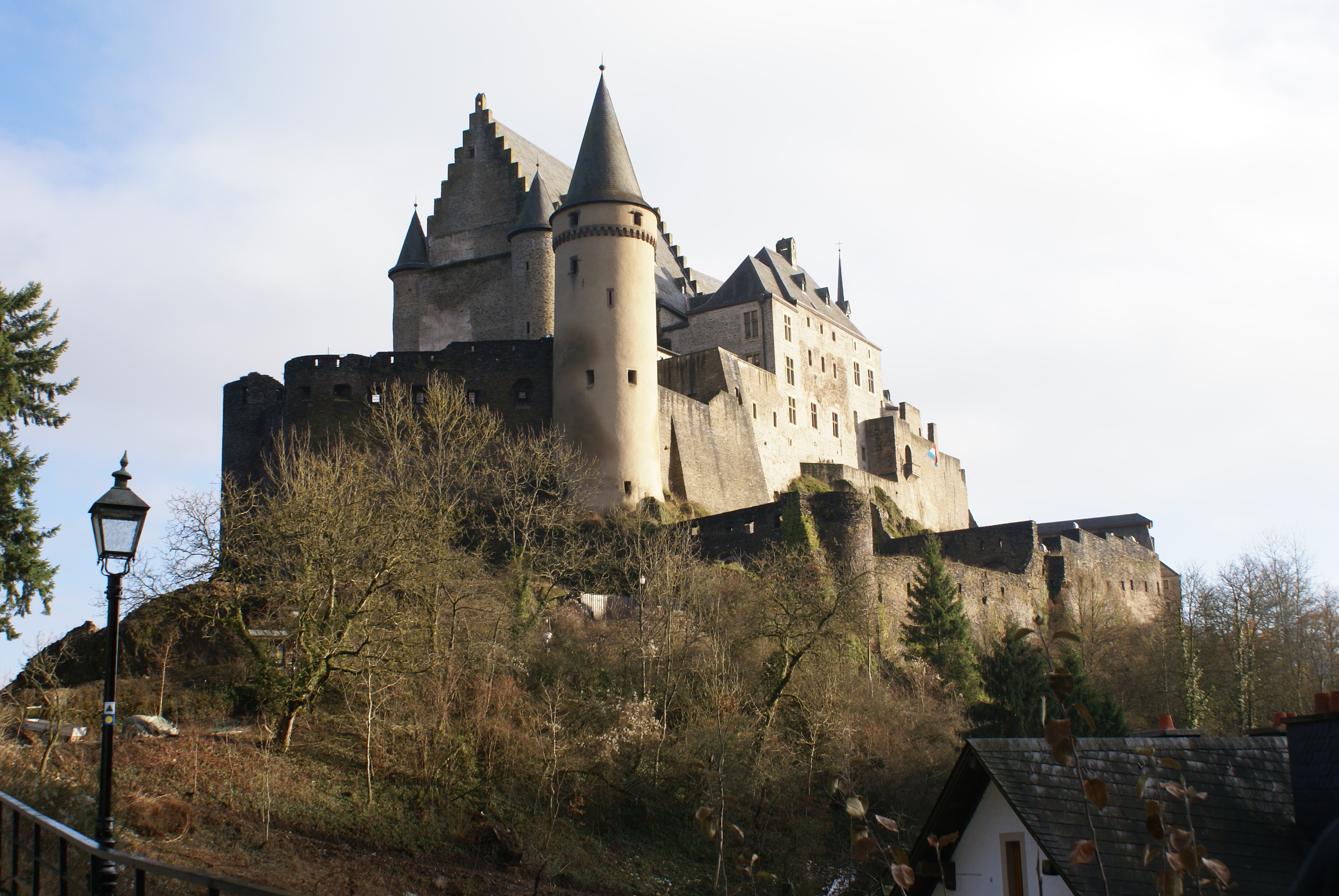 tree, castle, religion, gothic style, day, city, 4K, sky, no people, nature, spire, old, outdoors, vianden, the past, luxembourg, history, place of worship, HD Wallpaper