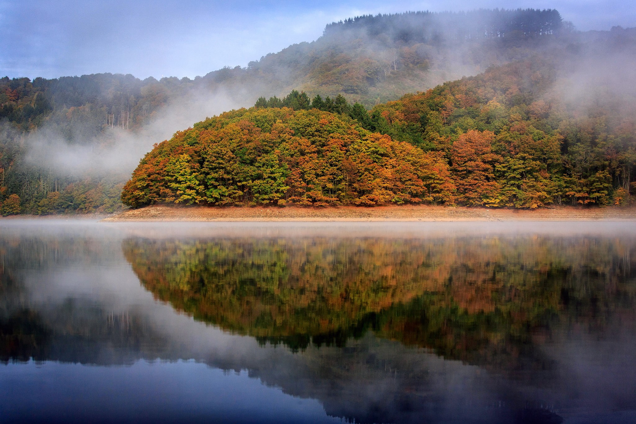 mist, Luxembourg, hills, fall, landscape, trees, reflection, forest, water, nature, Luxemburg, 1080P, clouds, HD Wallpaper