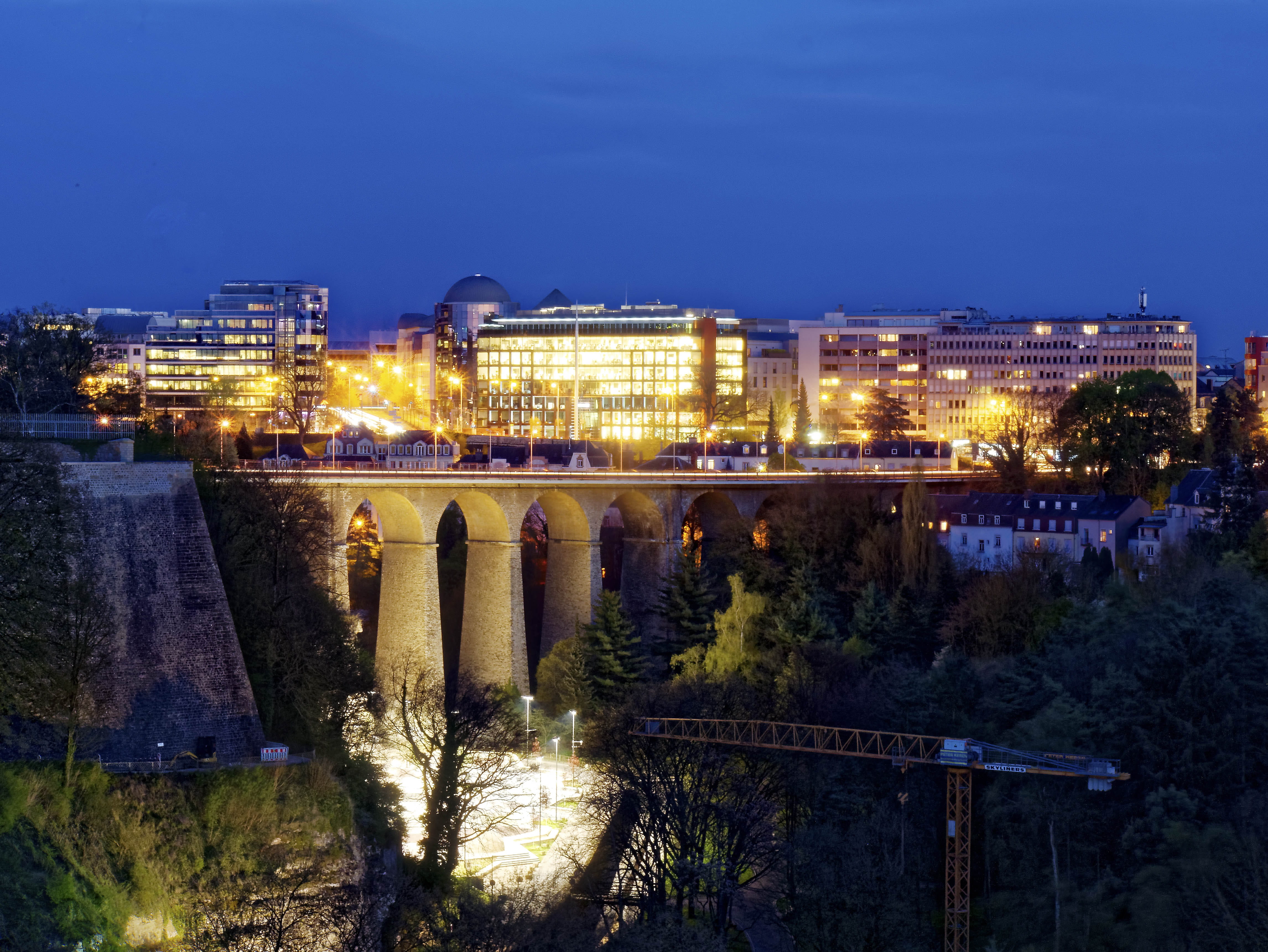 luxembourg, outdoors, no people, built structure, plant, travel destinations, building, building exterior, night, tree, residential district, place de la constitution, HD Wallpaper