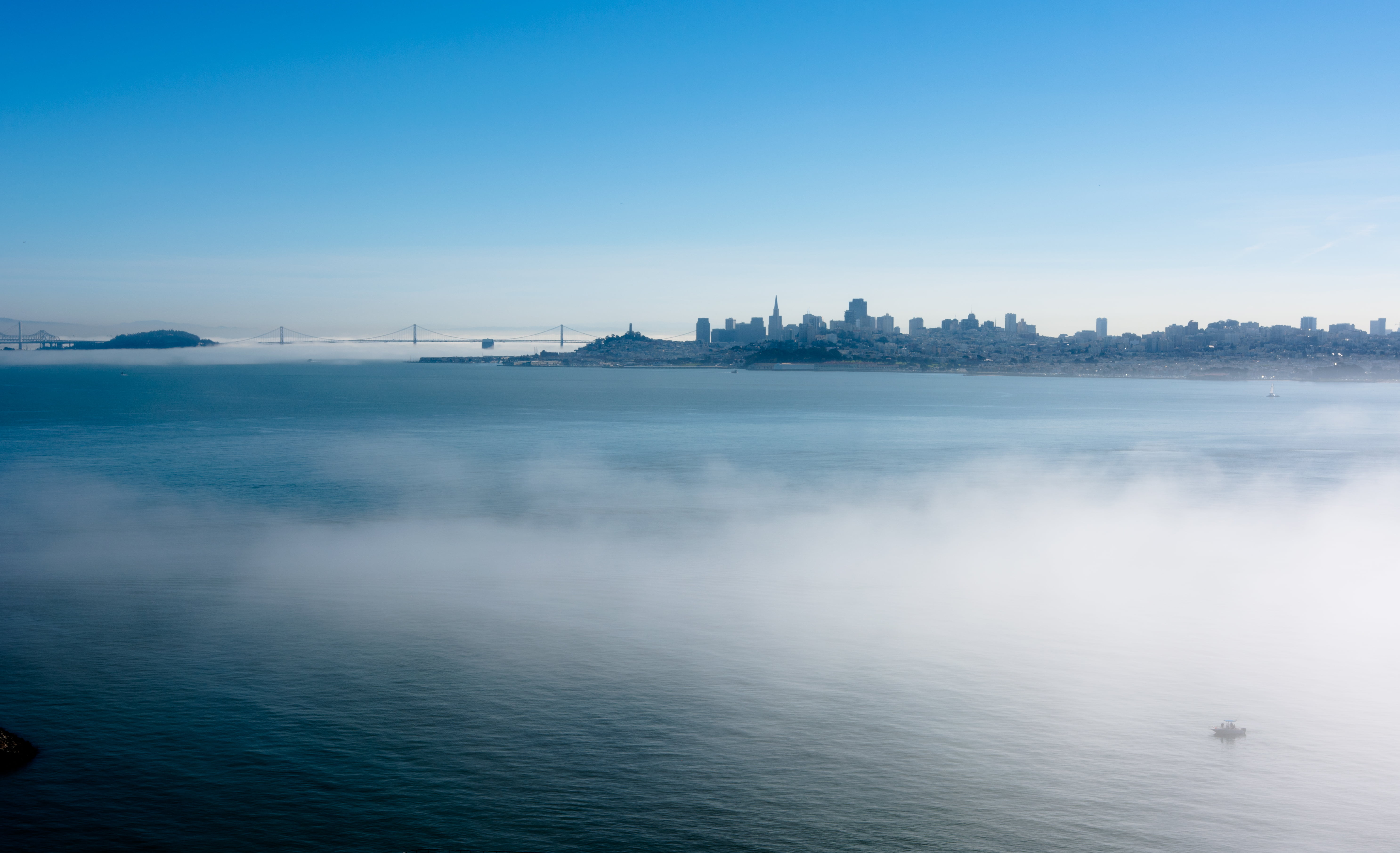 Mysterious, cityscape, United States, ocean, Sausalito  California, Nikon D5200, building, water, famous Place, near, high-rise building, urban Skyline, HD Wallpaper