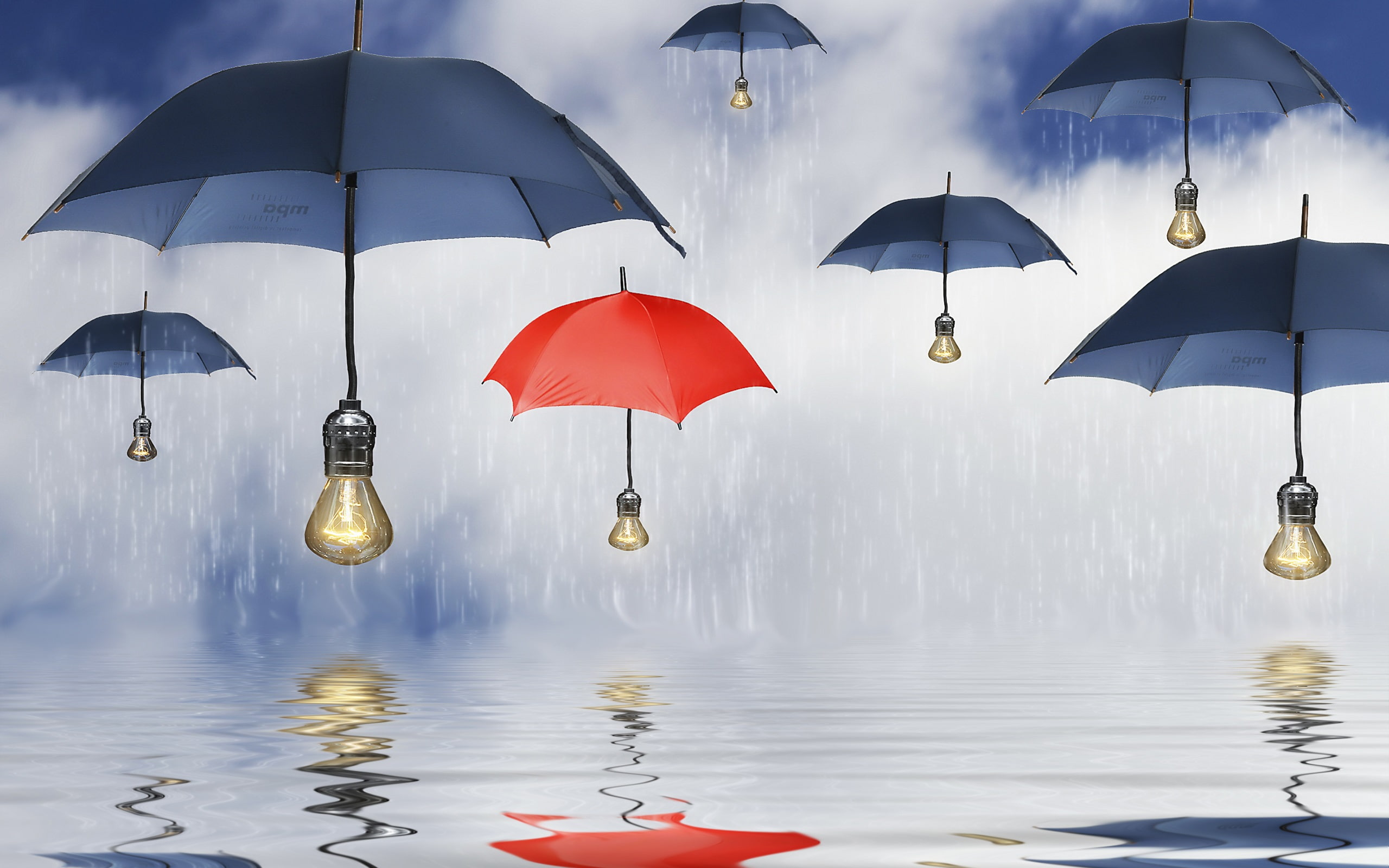 Umbrellas, Lamps, 2K, Rain, Reflection, Parasols, Water, Blue, HD Wallpaper