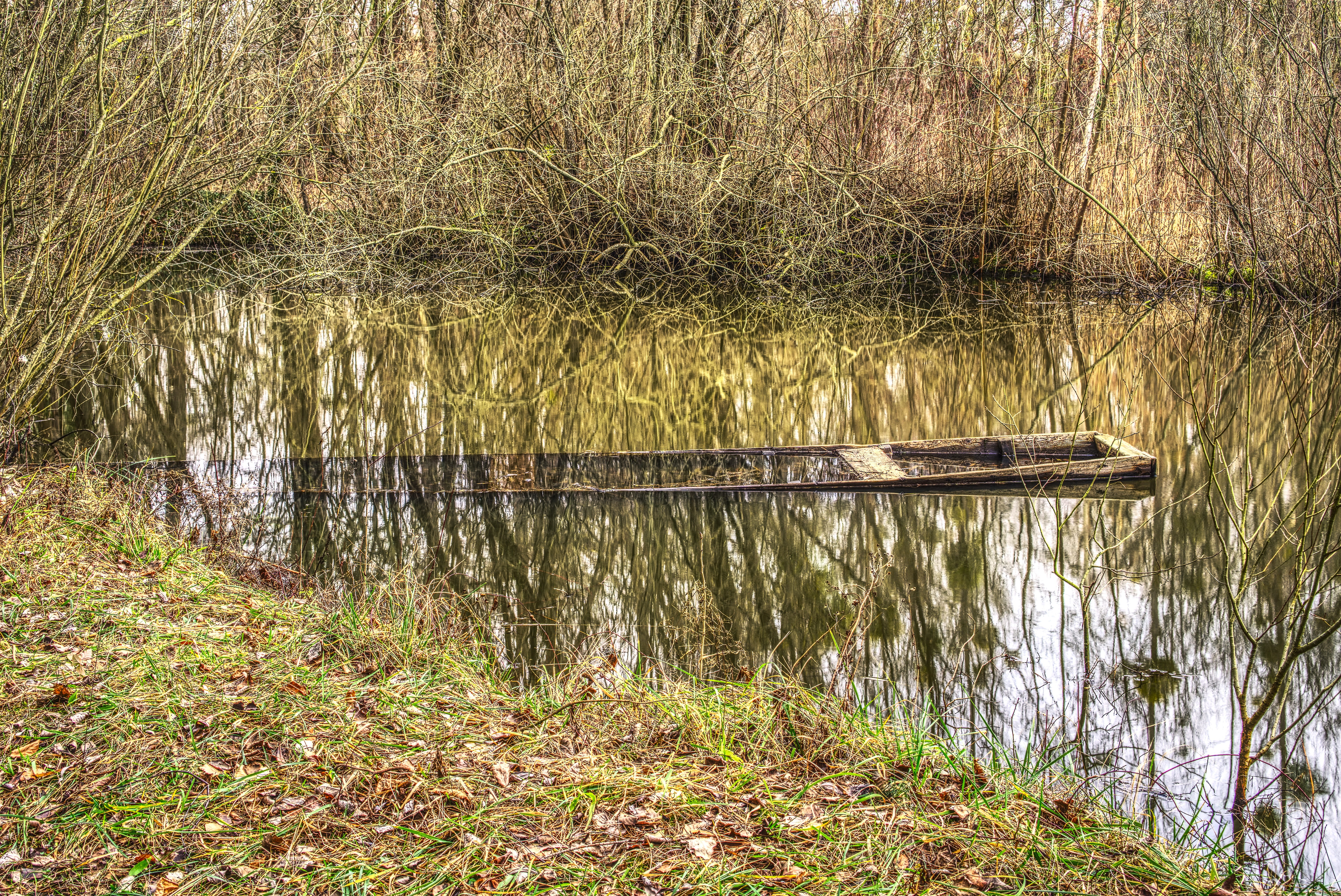 paddle boat, water reflection, tranquil scene, rowing boat, tranquility, gone down, river, non-urban scene, underwater, auenwald, boat, wooden boat, hdr, HD Wallpaper