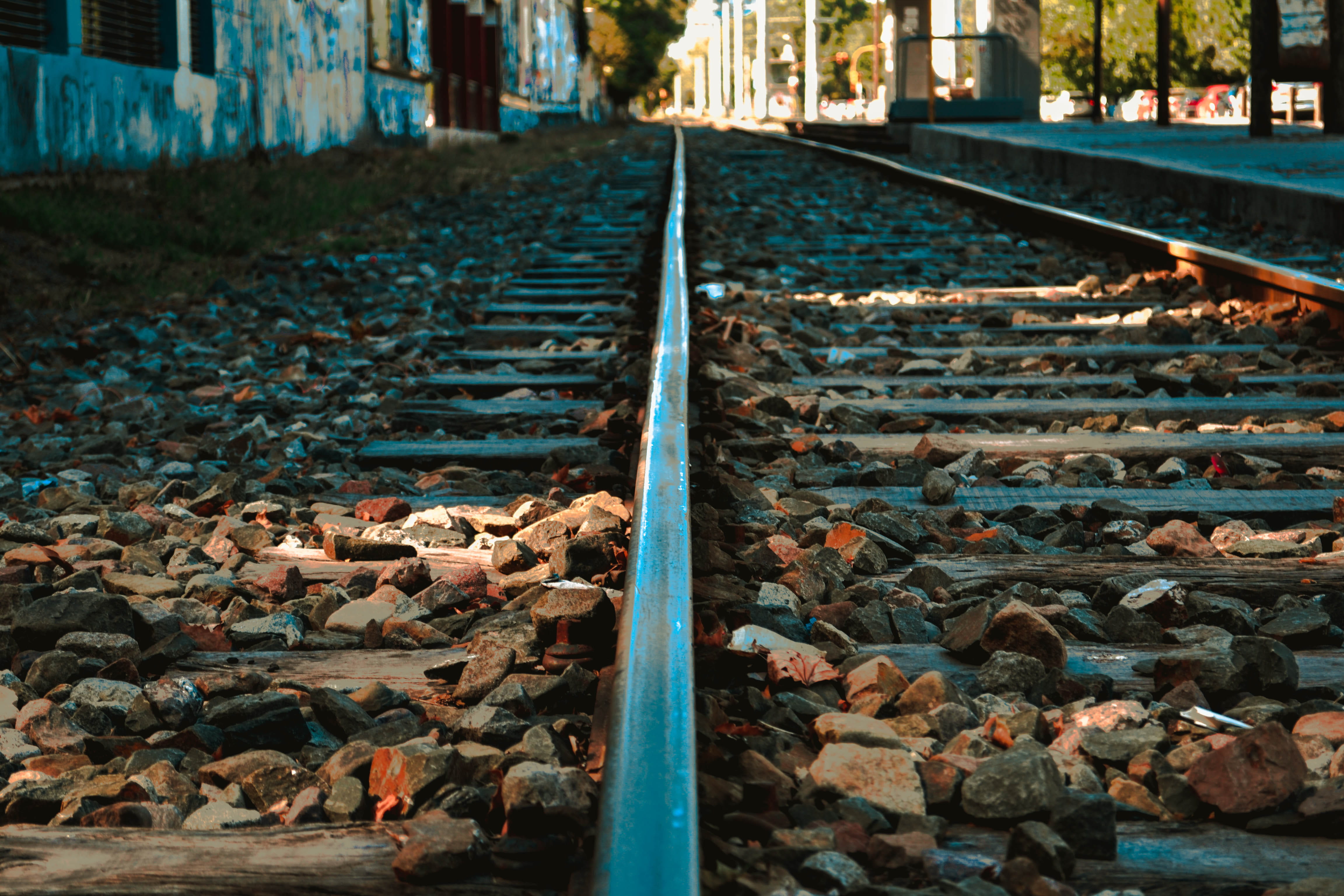rail, the way forward, argentina, surface level, day, transportation, rail transportation, metal, direction, center, leaf, long, rock, blue, nikon, 4K, HD Wallpaper