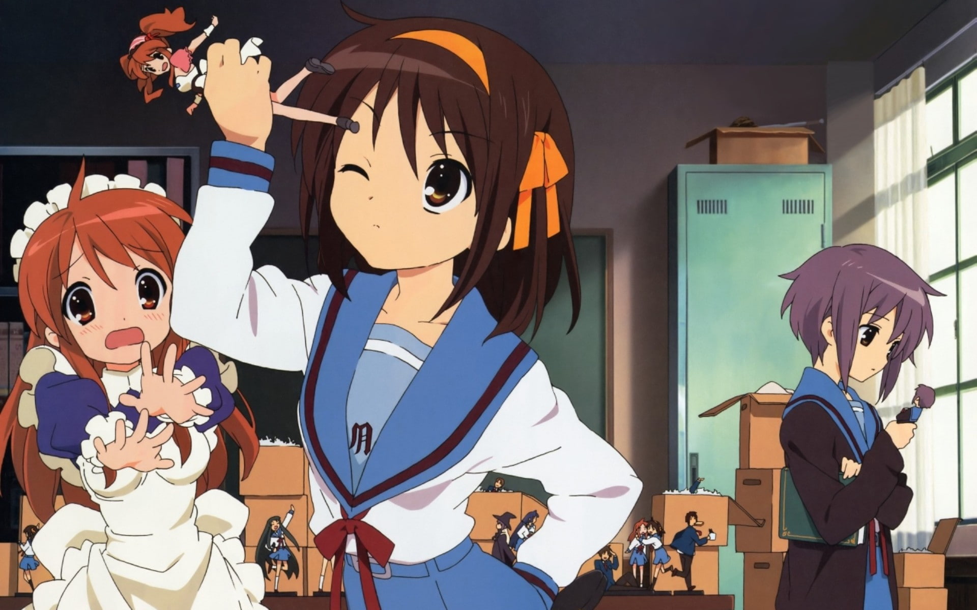 The Melancholy of Haruhi Suzumiya, lifestyles, costume, music, real people, mask, holding, building exterior, anime, women, human representation, disguise, HD Wallpaper