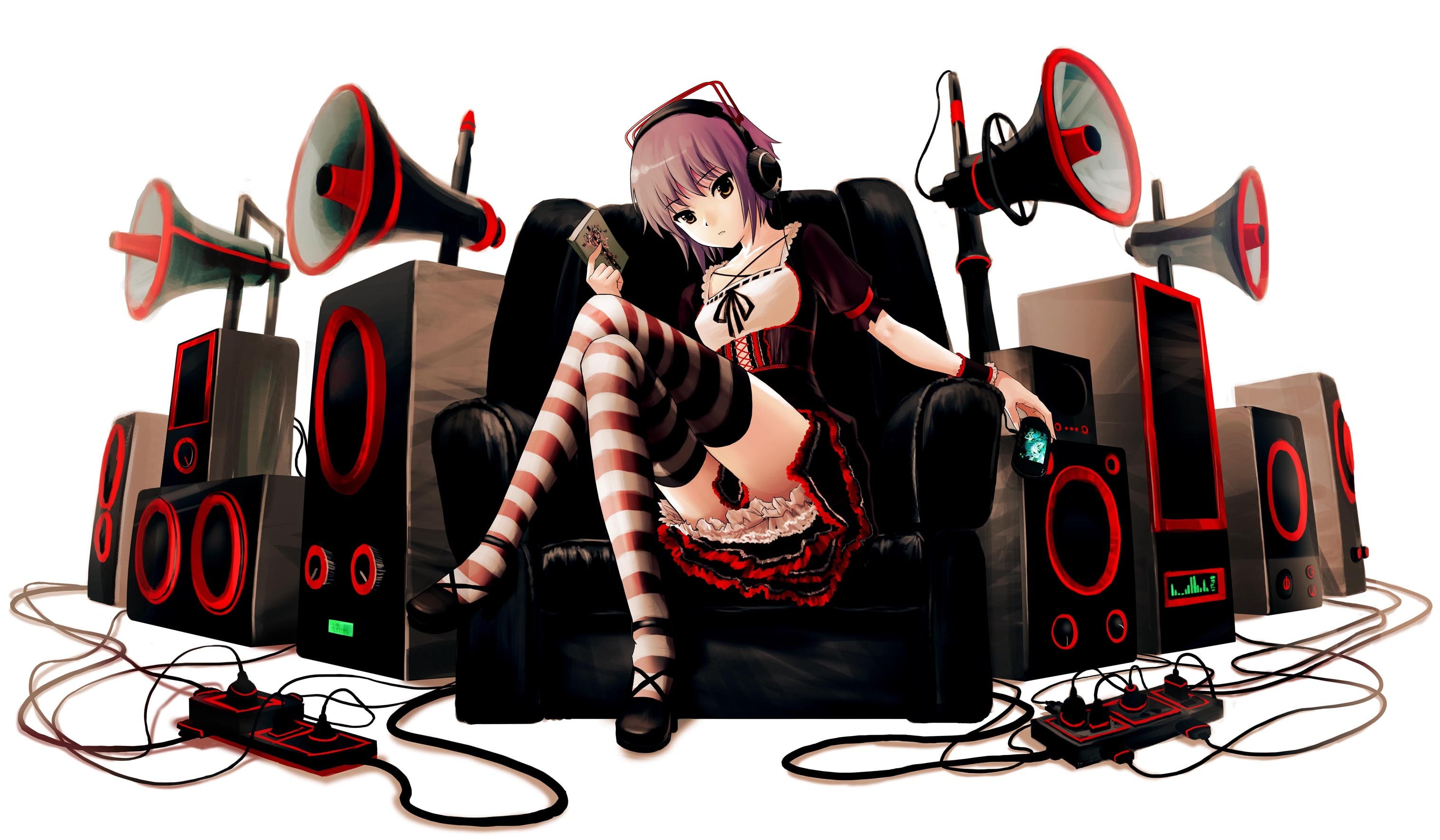 indoors, adult, full length, studio shot, glasses, young women, red, front view, 2K, headphones, anime, sitting, fashion, one person, The Melancholy of Haruhi Suzumiya, HD Wallpaper