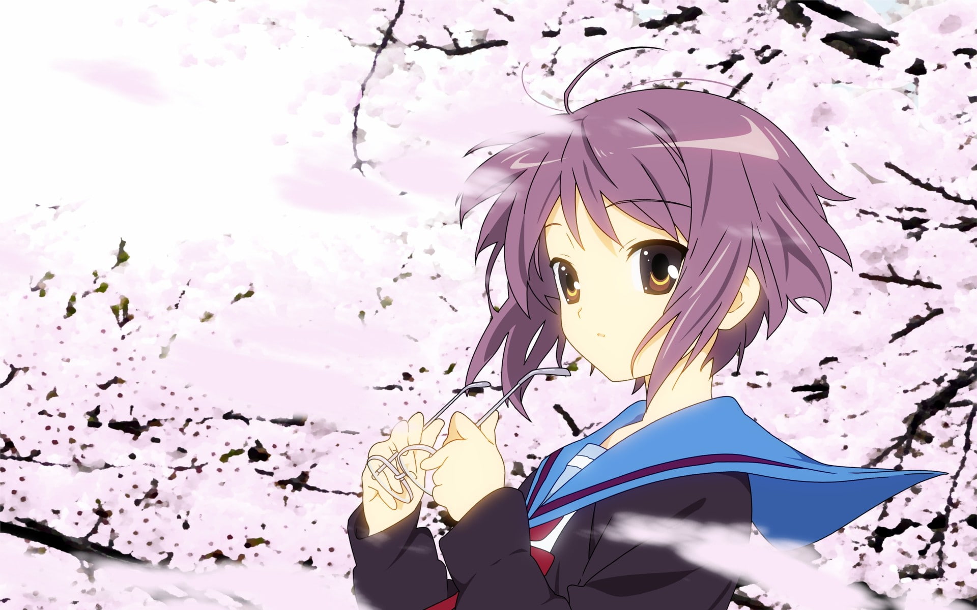 nature, fashion, sunlight, 1080P, anime girls, short hair, portrait, purple, glasses, anime, Nagato Yuki, real people, leisure activity, outdoors, focus on foreground, HD Wallpaper