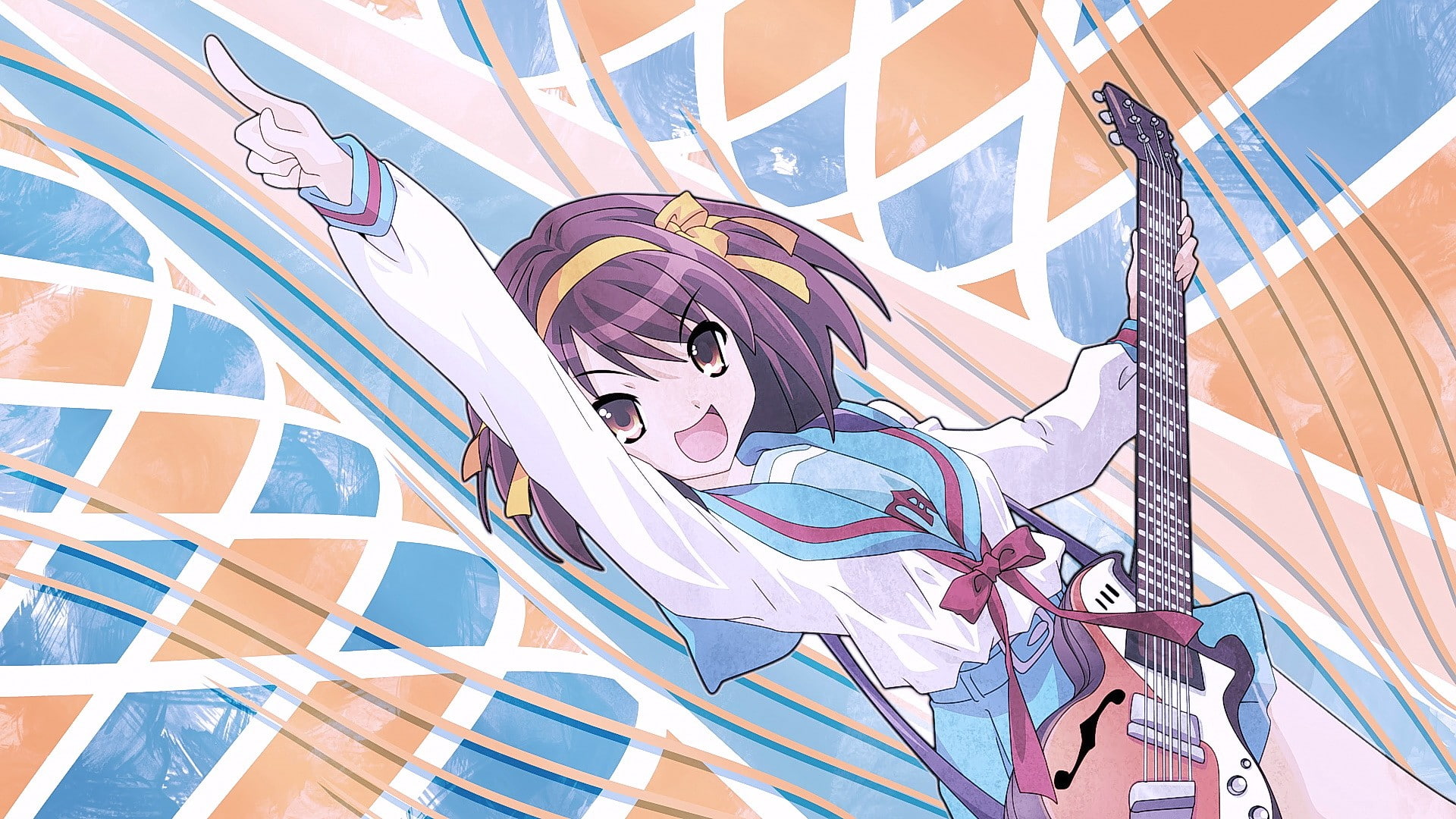 anime, guitar, anime girls, Suzumiya Haruhi, smiling, open mouth, 1080P, yellow eyes, Suzumiya Haruhi no Yuutsu, short hair, The Melancholy of Haruhi Suzumiya, HD Wallpaper