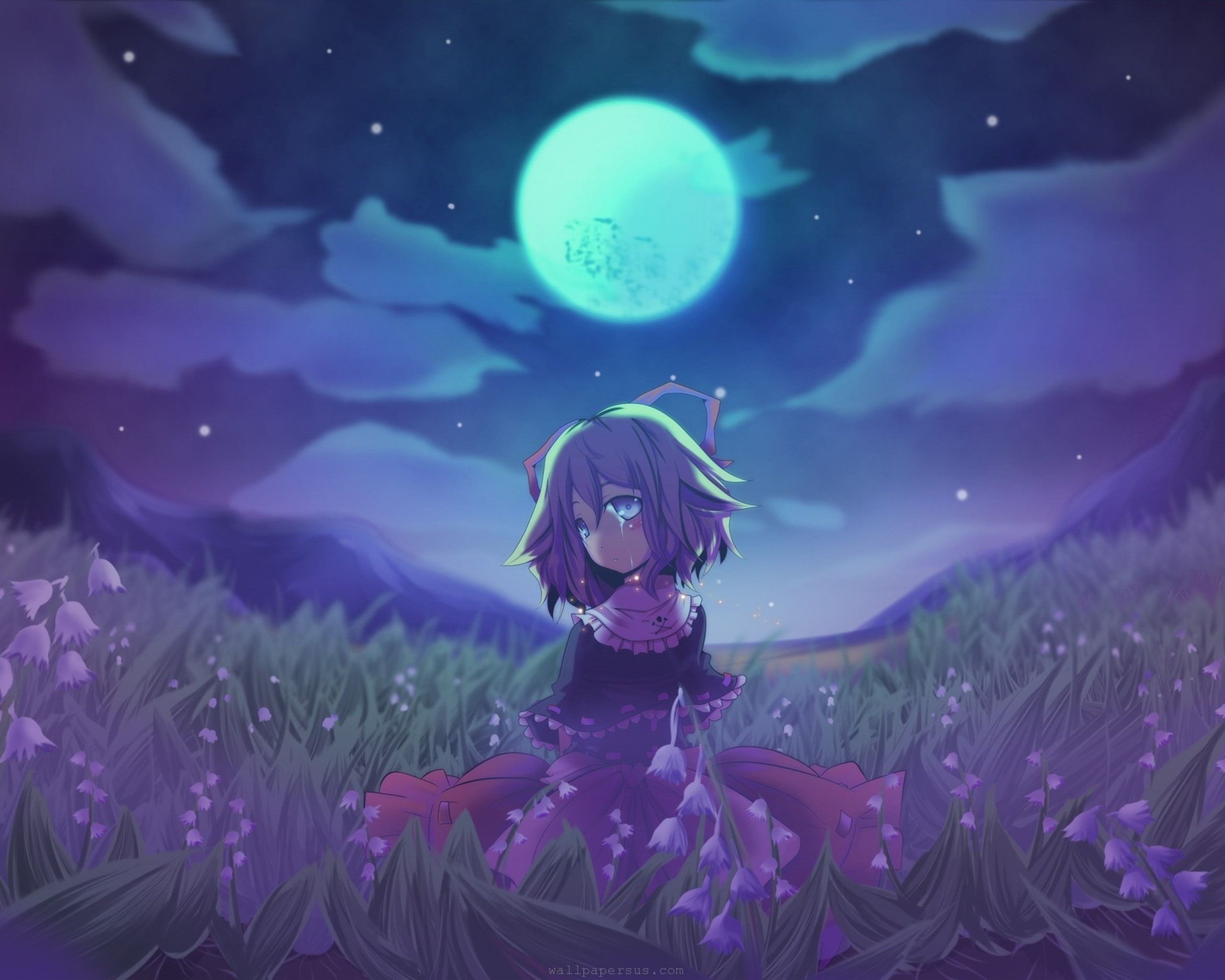 anime girls, field, night, crying, Medicine Melancholy, tears, short hair, 2K, Touhou, Moon, stars, anime, HD Wallpaper