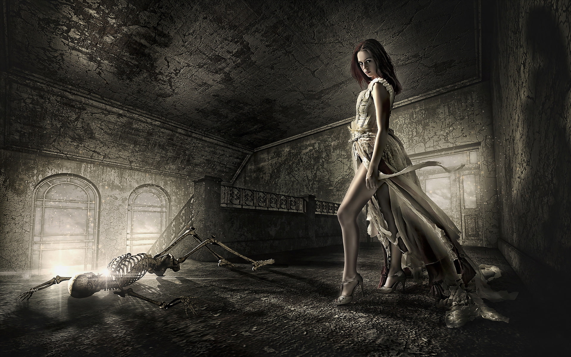 decay, death, 1080P, Gothic, Lost, skeleton, Dark, Dead, Soul, fantasy, girl, HD Wallpaper