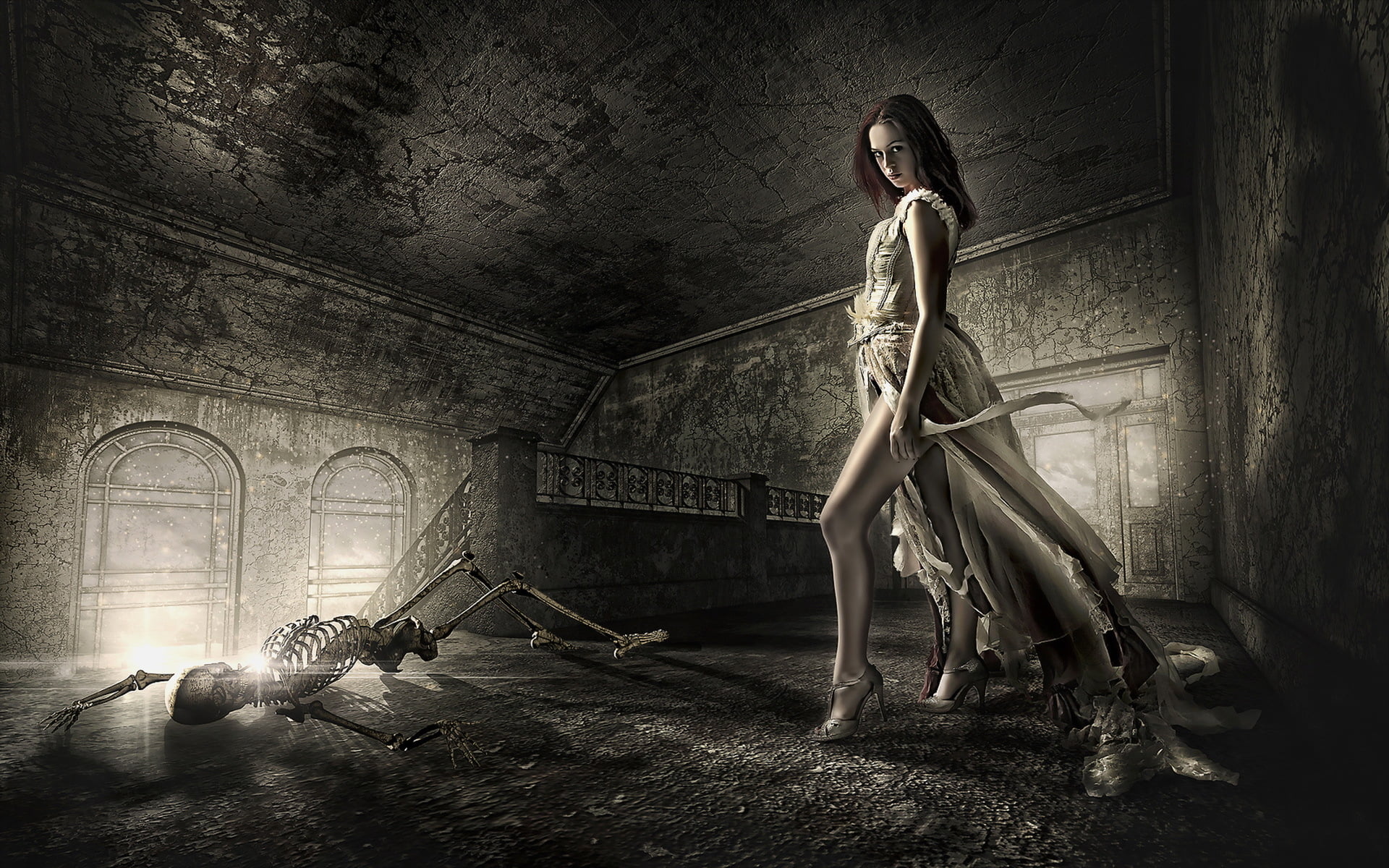 dead, young women, wall - building feature, young adult, dress, abandoned, building, women, full length, wearing, architecture, white, lost, adult, illustration, HD Wallpaper