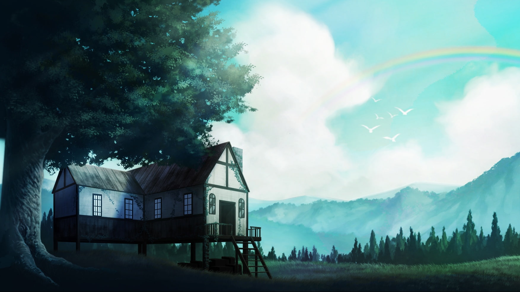 konachan, bird, nobody, clouds, animal, 720P, sky, 243143, building, rainbow, tree, scenic, com, original, stairs, grass, ura, mitsu, HD Wallpaper